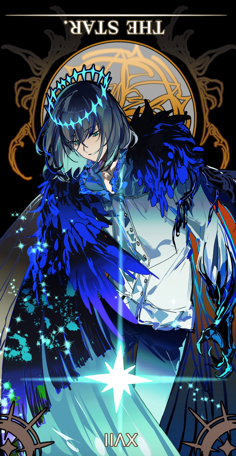 1boy aokiku black_hair black_pants blue_eyes claws cloak commentary cowboy_shot crown english_commentary fate/grand_order fate_(series) highres light_particles long_sleeves looking_down male_focus medium_hair oberon_(fate) pants shirt smile solo spoilers standing tarot the_star_(tarot) white_shirt