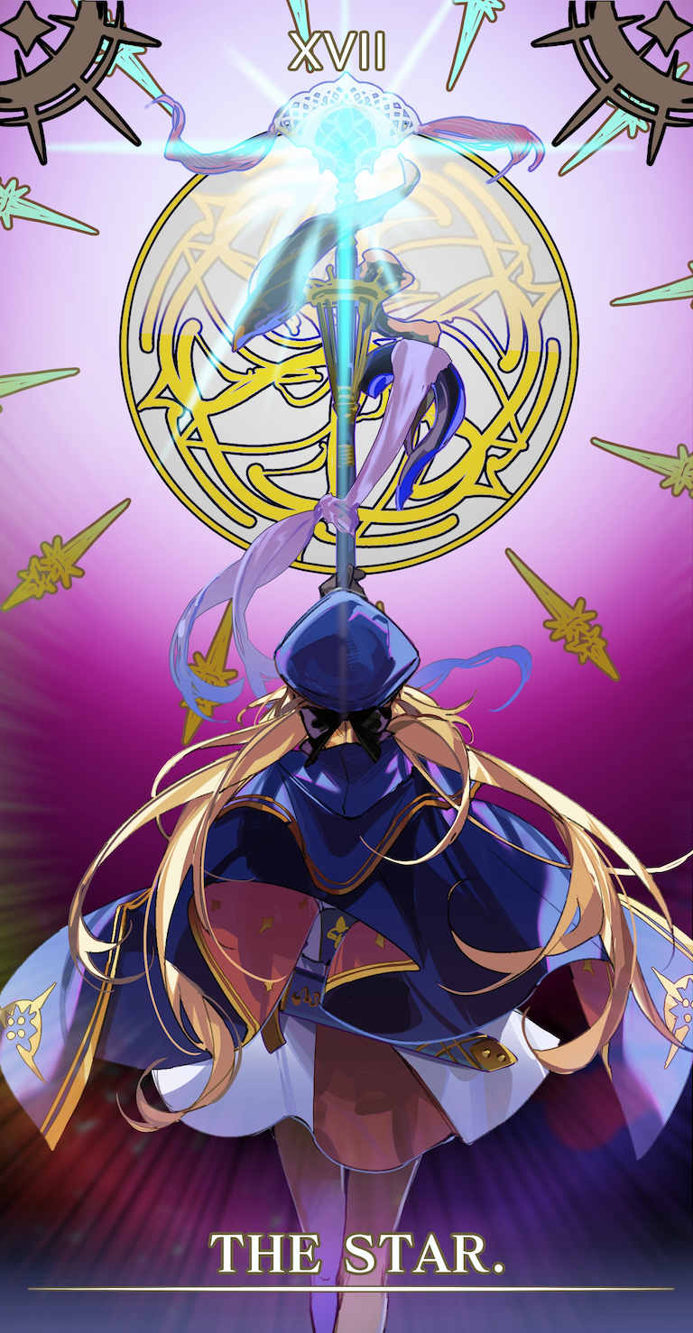 1girl aokiku artoria_pendragon_(caster)_(fate) artoria_pendragon_(fate) blonde_hair blue_cape blue_headwear cape facing_away fate/grand_order fate_(series) feet_out_of_frame hat highres holding holding_staff long_hair purple_background skirt solo staff standing tarot the_star_(tarot) white_skirt