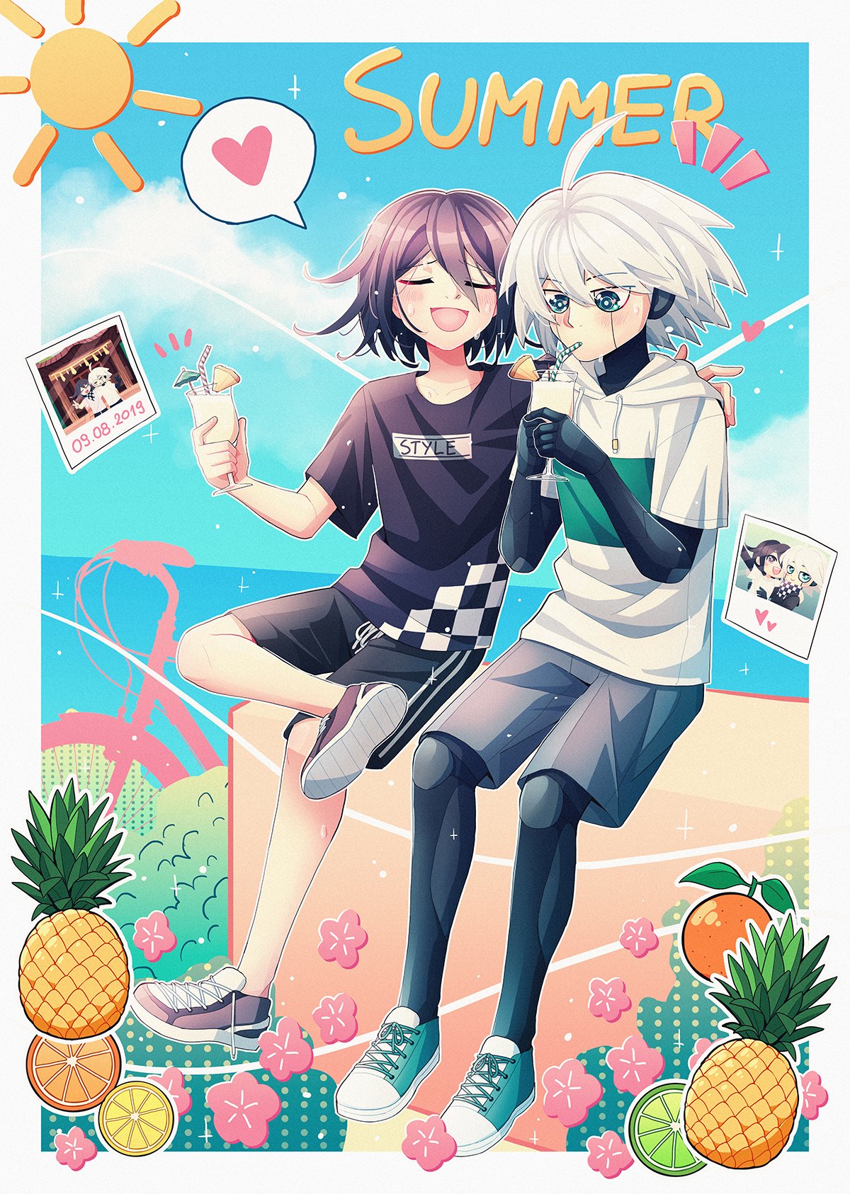 2boys :d bangs beach bicycle black_shirt blush border cheer_(cheerkitty14) closed_eyes cloud cocktail collarbone commentary commission cup danganronpa_(series) danganronpa_v3:_killing_harmony dated day drinking drinking_glass drinking_straw english_commentary food fruit grey_eyes grey_shorts ground_vehicle hair_between_eyes heart highres holding hood hoodie keebo male_focus multiple_boys notice_lines open_mouth orange_(food) ouma_kokichi outdoors photo_(object) pineapple shirt short_sleeves shorts shrine sitting smile spoken_heart summer sweat white_border white_hoodie