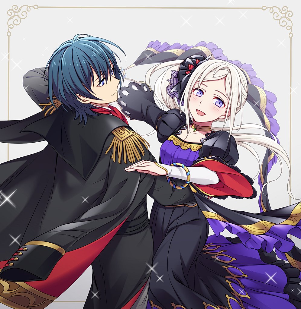 1boy 1girl alternate_costume blue_eyes blue_hair byleth_(fire_emblem) byleth_(fire_emblem)_(male) choker closed_mouth commentary cosplay dress edelgard_von_hresvelg fire_emblem fire_emblem:_three_houses fire_emblem_heroes hiyori_(rindou66) ishtar_(fire_emblem) ishtar_(fire_emblem)_(cosplay) long_hair long_sleeves open_mouth purple_eyes reinhardt_(fire_emblem) reinhardt_(fire_emblem)_(cosplay) short_hair side_ponytail white_hair