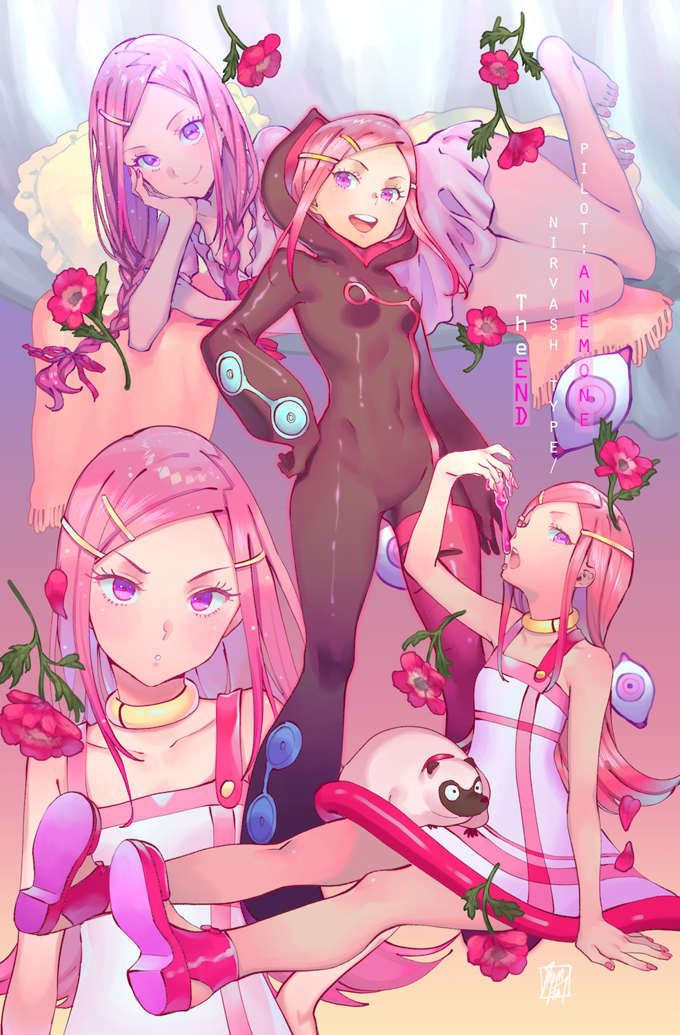 1girl anemone_(eureka_seven) animal_request arm_support bare_legs barefoot black_bodysuit bodysuit bomhat braid breasts character_name choker collarbone commentary dress english_text eureka_seven eureka_seven_(series) flower hair_ornament hairclip hand_on_hip highres hood legs long_hair looking_at_viewer lying multiple_views nail_polish on_side open_mouth pillow pink_background pink_dress pink_eyes pink_flower pink_footwear pink_hair pink_nails pink_rose rose sitting skin_tight small_breasts smile standing toenail_polish toenails twin_braids upper_teeth white_dress yellow_background