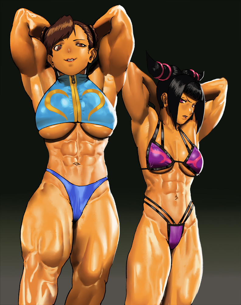 2girls abs adapted_costume armpits arms_behind_head biceps bikini black_background black_hair blue_bikini bodybuilder breasts breasts_apart brown_eyes brown_hair cessa chun-li feet_out_of_frame han_juri multiple_girls muscular muscular_female navel parted_lips purple_bikini smile street_fighter street_fighter_iv_(series) swimsuit tankini underboob