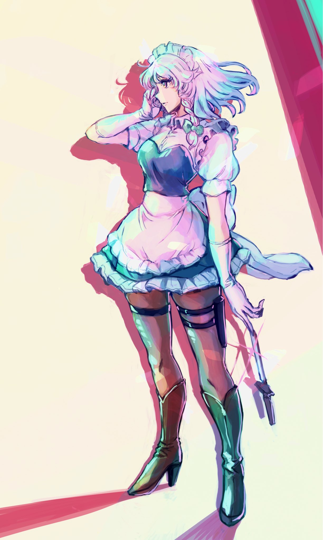 1girl apron arm_up bangs blue_dress boots bow braid breasts brown_footwear brown_legwear buttons dress eyebrows_visible_through_hair gloves green_background green_bow hair_between_eyes hair_bow hand_up highres izayoi_sakuya knife looking_to_the_side maid maid_headdress medium_breasts multicolored multicolored_background open_mouth pantyhose puffy_short_sleeves puffy_sleeves purple_eyes red_background shadow shirt short_hair short_sleeves silver_hair smile solo standing touhou twin_braids white_apron white_bow white_gloves white_shirt yellow_background yutarou