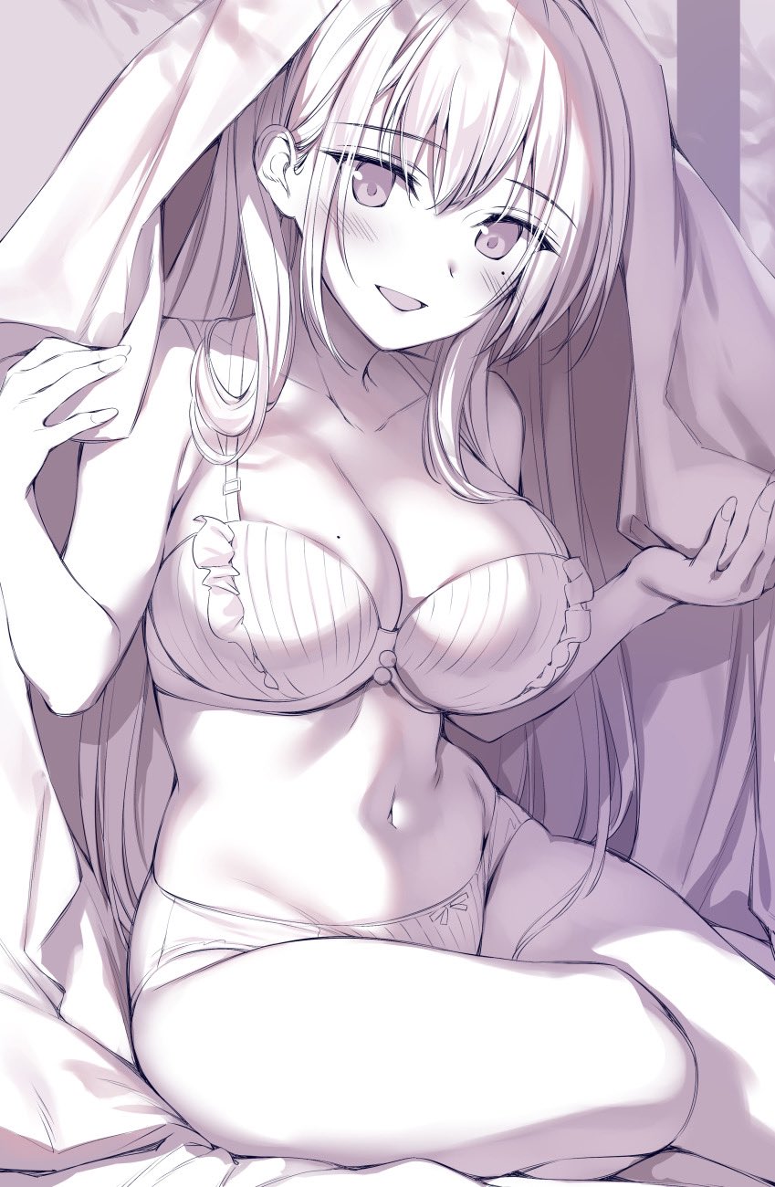 1girl bare_arms bare_shoulders blanket bra breasts cleavage collarbone commentary_request frilled_bra frills greyscale highres large_breasts long_hair looking_at_viewer mole mole_on_breast mole_under_eye monochrome navel open_mouth original oryou sitting smile solo stomach thighs under_covers underwear underwear_only