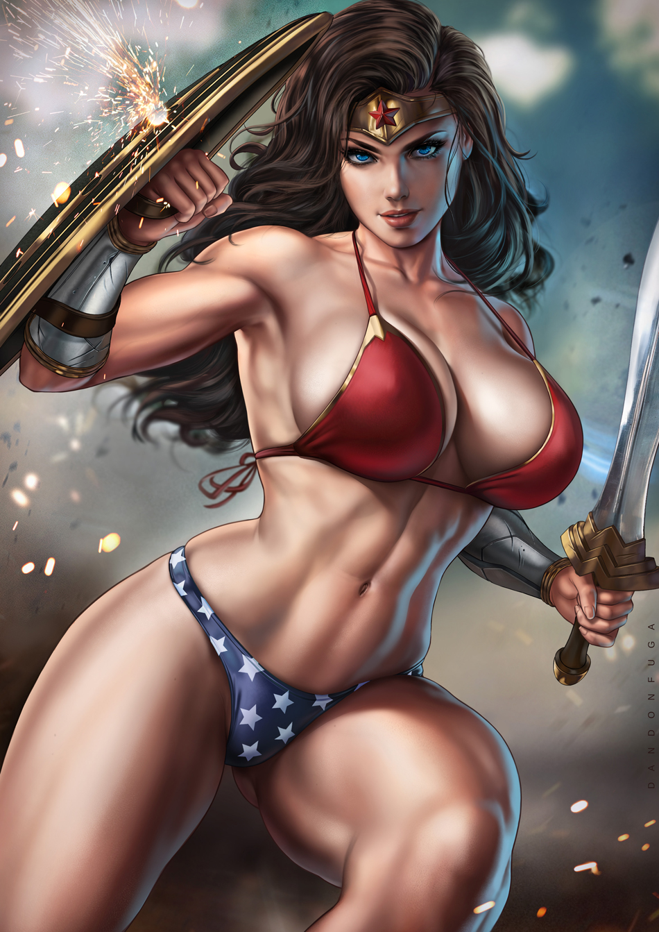 1girl artist_name ass_visible_through_thighs bikini black_hair blue_eyes breasts circlet commentary dandon_fuga deflect highres holding holding_shield holding_sword holding_weapon large_breasts lips long_hair looking_at_viewer muscular muscular_female navel parted_lips shield solo swimsuit sword teeth watermark weapon western_comics wonder_woman wonder_woman_(series)