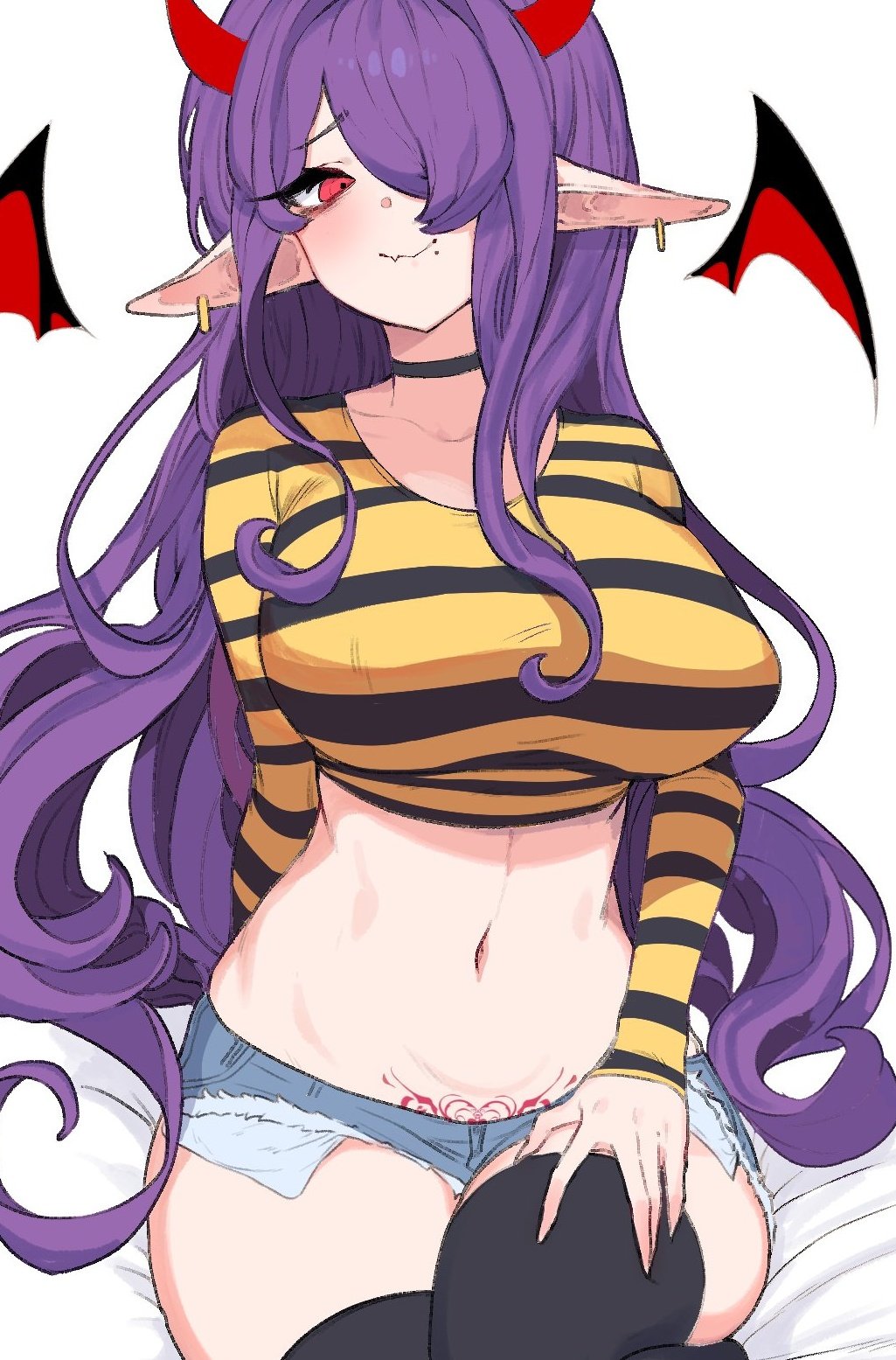 1girl black_legwear breasts commission crop_top curly_hair demon_girl demon_horns demon_wings denim denim_shorts ear_piercing hair_over_one_eye hand_on_own_knee highres horns large_breasts lip_piercing long_sleeves looking_at_viewer navel oh_(aung_ae) original piercing pointy_ears pubic_tattoo purple_hair red_eyes shorts sitting smile solo spell symbol tattoo thighhighs torn_clothes white_background wings