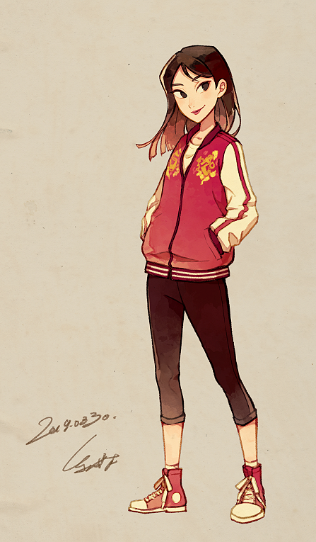 1girl akagi_shun alternate_costume black_eyes black_hair black_pants blunt_ends bomber_jacket contemporary converse dated embroidery fa_mulan_(disney) full_body hands_in_pockets jacket letterman_jacket lips looking_to_the_side medium_hair mulan pants pants_rolled_up red_footwear red_jacket shoes signature simple_background smile sneakers socks solo standing