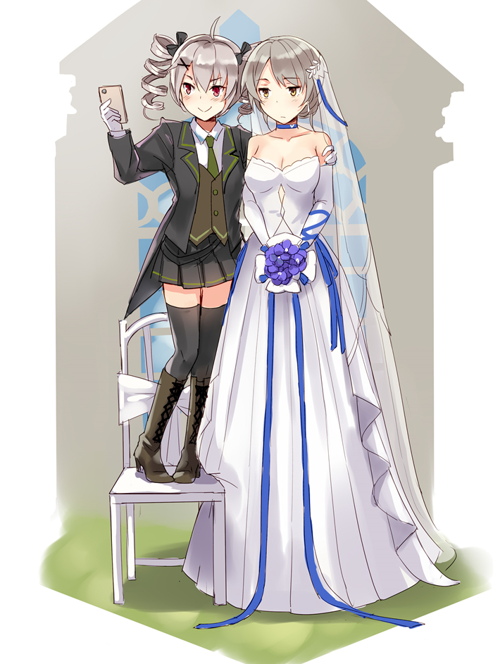 2girls boots bouquet cellphone cross-laced_footwear dress drill_hair flower girls'_frontline height_difference holding holding_phone lace-up_boots multiple_girls phone pp-90_(girls'_frontline) red_eyes selfie silver_hair skirt smartphone smile thighhighs vector_(girls'_frontline) wedding_dress wife_and_wife yellow_eyes yuemanhuaikong yuri