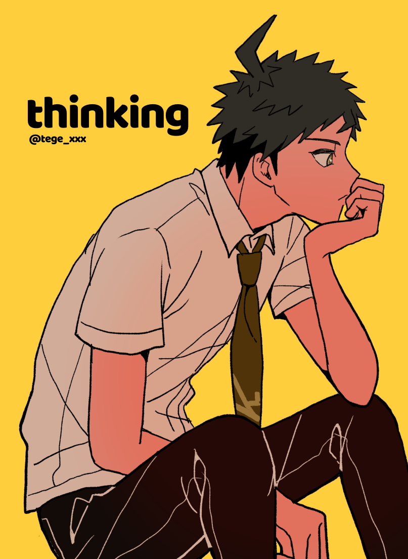 1boy ahoge artist_name bangs brown_hair brown_pants closed_mouth collared_shirt commentary_request danganronpa_(series) danganronpa_2:_goodbye_despair foreshortening from_side green_neckwear hand_on_own_chin head_rest hinata_hajime male_focus necktie pants print_neckwear shirt short_hair short_sleeves simple_background sitting solo tege_(tege_xxx) yellow_background