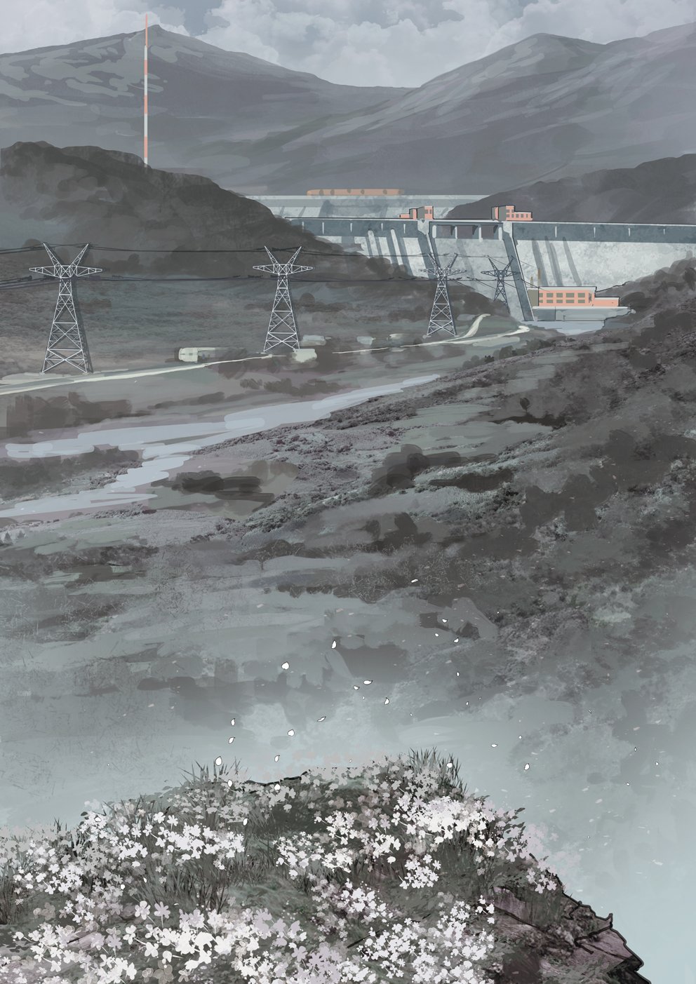 asterisk_kome building cliff cloud dam flower grass highres mountain no_humans original outdoors power_lines radio_tower river road sky vegetation winged_fusiliers