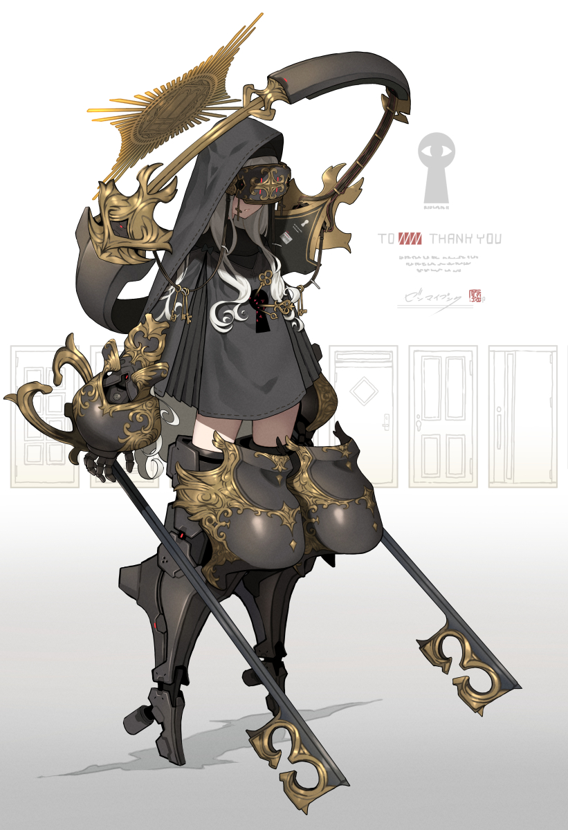 1girl black_dress commission covered_eyes cross door dress english_text habit head_mounted_display highres holding holding_weapon key keyblade keyhole long_hair mecha_musume mechanical_arms mechanical_legs original shadow skeb_commission solo weapon white_hair zenmaibook