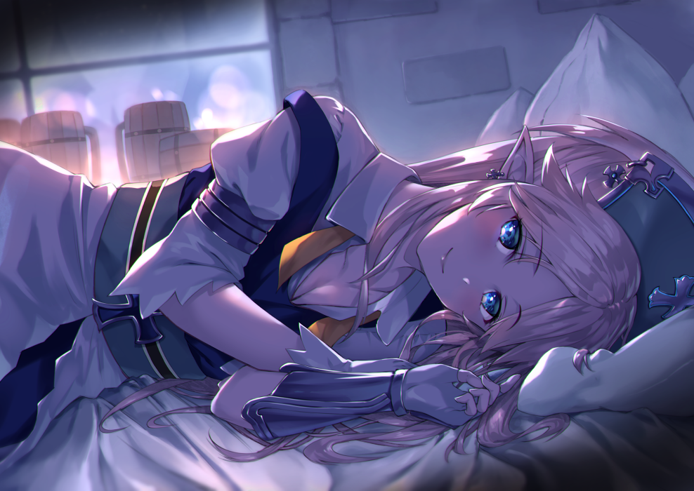 1girl bangs bed_sheet beer_mug blue_eyes breasts cleavage closed_mouth collared_shirt cup dress_shirt earrings eyebrows_visible_through_hair fingerless_gloves gloves hair_between_eyes indoors jewelry long_hair looking_at_viewer lying medium_breasts mug na neck_ribbon on_side orange_ribbon ouka_(ra-raradan) parted_bangs pillow pointy_ears princess_connect! ribbon shiny shiny_hair shirt silver_hair smile solo stone_wall underbust undone_neck_ribbon wall white_gloves white_shirt wing_collar yukari_(princess_connect!)