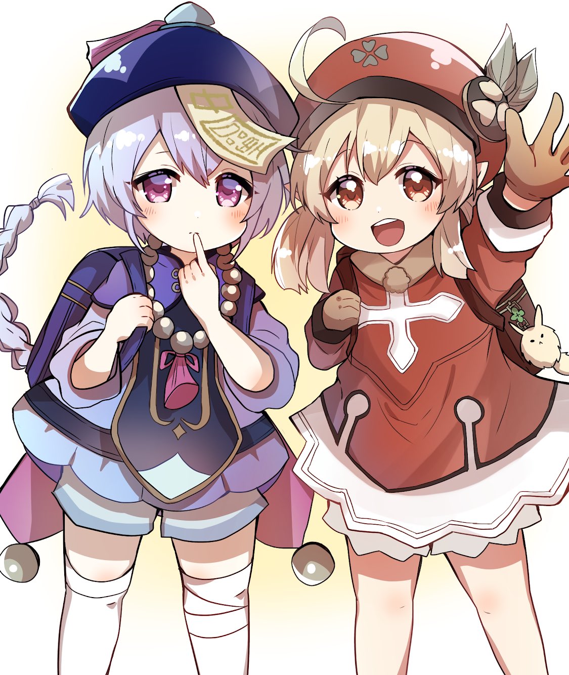 2girls :d ahoge arm_up backpack bag bag_charm bandaged_leg bandages bangs bead_necklace beads bloomers braid brown_gloves cabbie_hat cape charm_(object) clover_print coat commentary_request dodoco_(genshin_impact) eyebrows_visible_through_hair finger_to_mouth genshin_impact gloves hair_between_eyes hanabayashi hat hat_feather hat_ornament highres index_finger_raised jewelry jiangshi klee_(genshin_impact) light_brown_hair long_hair long_sleeves looking_at_viewer low_ponytail low_twintails multiple_girls necklace ofuda open_mouth orange_eyes orb purple_eyes purple_hair qing_guanmao qiqi_(genshin_impact) randoseru red_coat shorts sidelocks simple_background single_braid smile thighhighs twintails underwear waving white_legwear yin_yang yin_yang_orb zettai_ryouiki