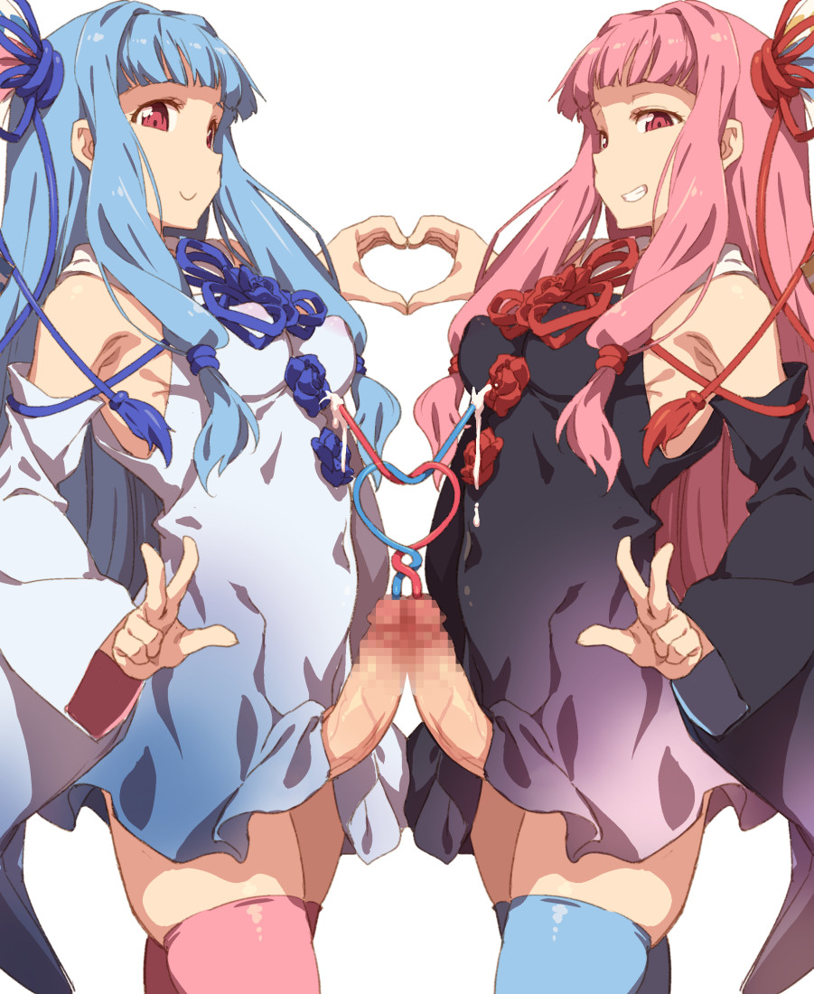 2girls armpits black_dress blue_dress blue_flower blue_hair blue_legwear blue_ribbon blue_rose breasts censored covered_nipples crazy_straw detached_sleeves dress drinking_straw erection flower from_side futa_with_futa futanari gradient_dress grin hair_ribbon hand_up heart heart_hands kotonoha_akane kotonoha_aoi long_hair long_sleeves looking_at_viewer medium_breasts mosaic_censoring multiple_girls nipples penis pink_hair pink_legwear red_eyes red_flower red_ribbon red_rose ribbon rose simple_background skindentation smile standing symmetry takemura_sessyu thighhighs urethral_insertion voiceroid w white_background wide_sleeves