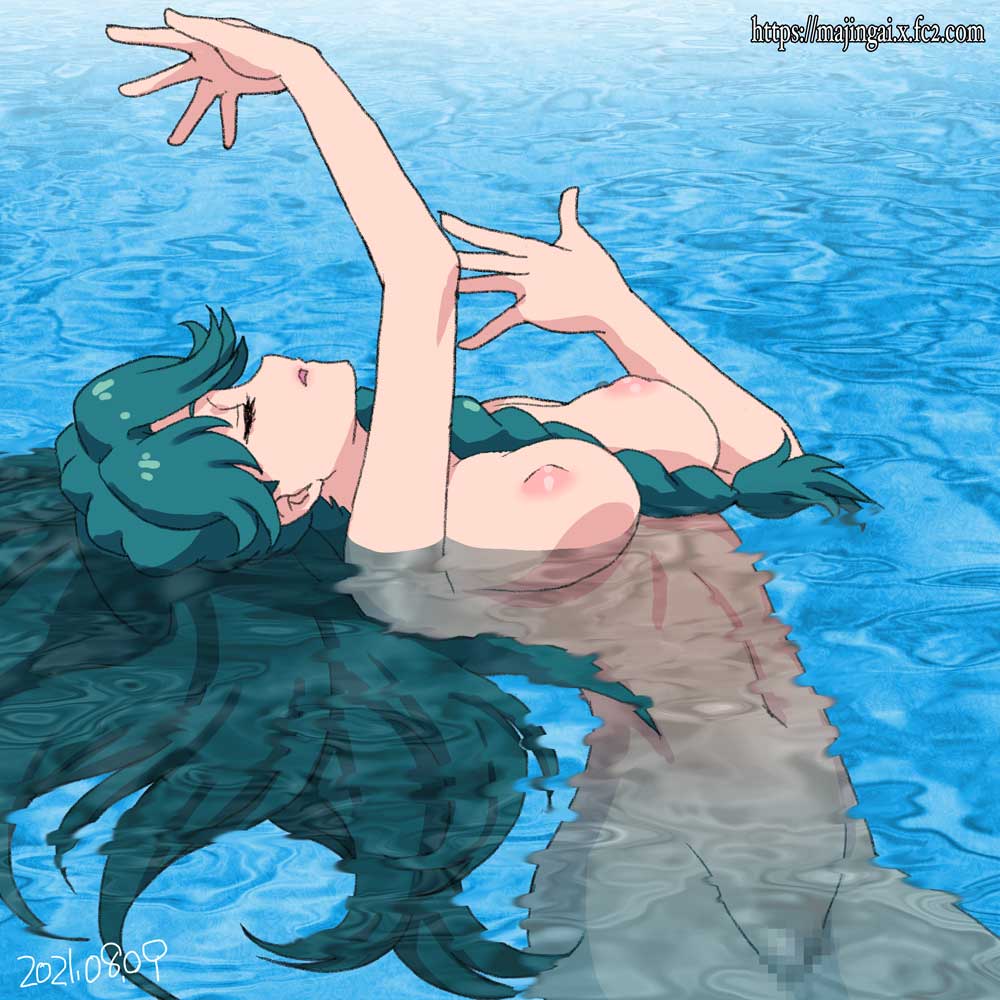 1girl arm_up blue_hair braid breasts censored closed_eyes commentary_request completely_nude dated ginko_(silver_fox) go!_princess_precure hair_between_breasts kaidou_minami medium_breasts mosaic_censoring navel nipples nude open_mouth partially_submerged precure single_braid solo water watermark web_address