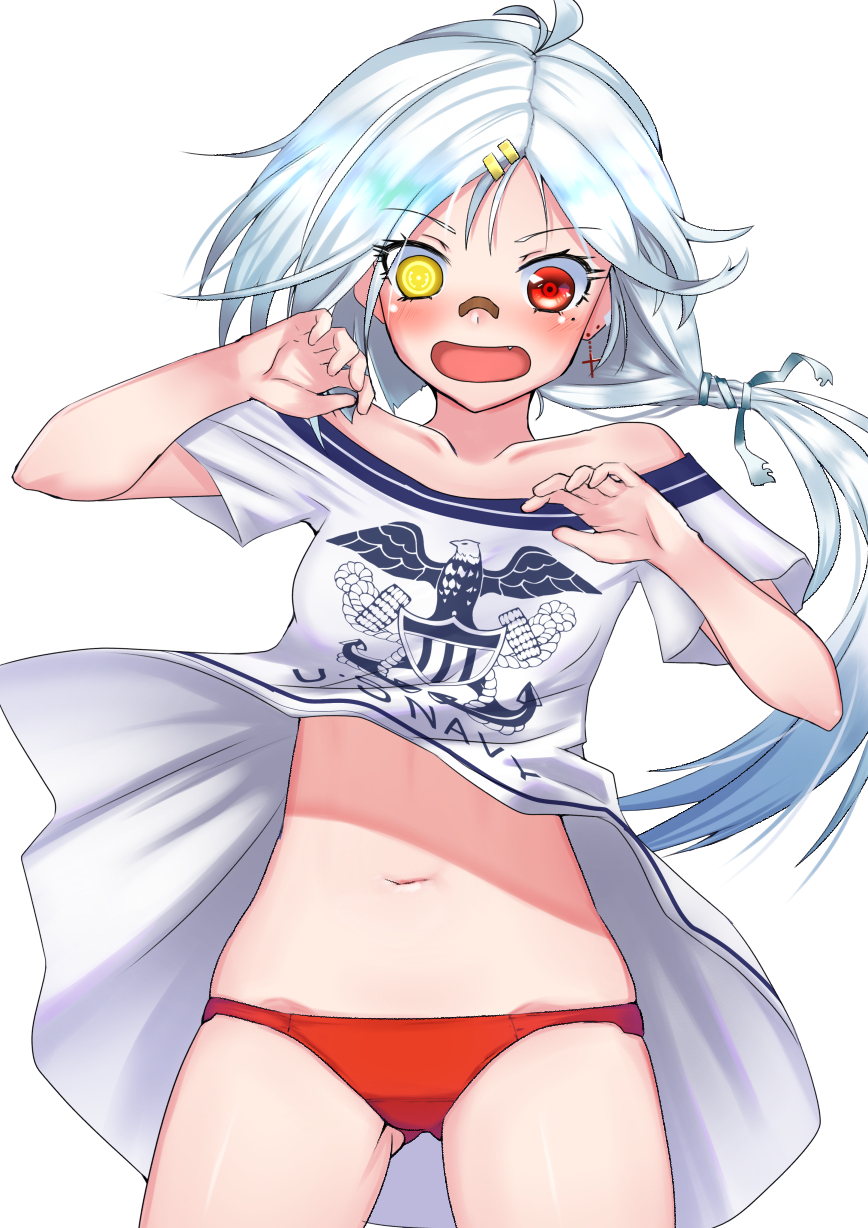 1girl america azur_lane bandages bangs bare_shoulders downes_(azur_lane) heterochromia highres navel navy panties red_eyes red_panties shirt surprised tks_(526tks) underwear white_background white_hair white_shirt wind wind_lift yellow_eyes