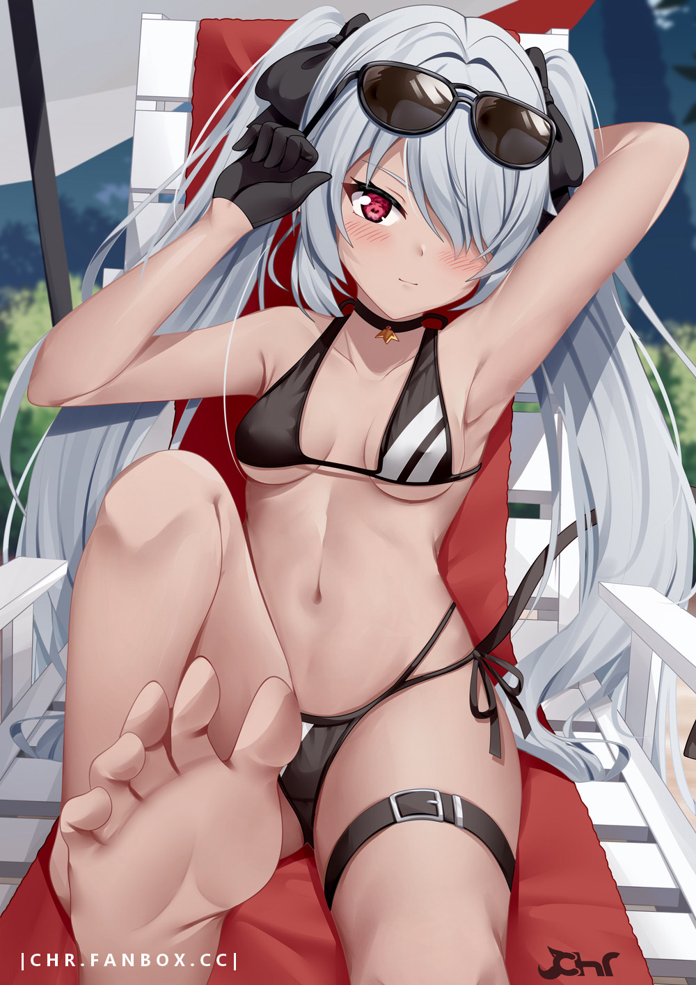1girl arm_behind_back armpits arms_up bare_arms bare_shoulders bikini black-framed_eyewear black_bikini black_choker black_gloves blue_archive breasts chair choker chrisandita closed_mouth eyewear_on_head feet gloves grey_hair hair_over_one_eye hair_ribbon highres iori_(blue_archive) leg_up long_hair looking_at_viewer lounge_chair multi-strapped_bikini navel reclining red_eyes ribbon side-tie_bikini small_breasts solo stomach string_bikini sunglasses swimsuit tail thigh_strap thighs toes twintails v-shaped_eyebrows very_long_hair
