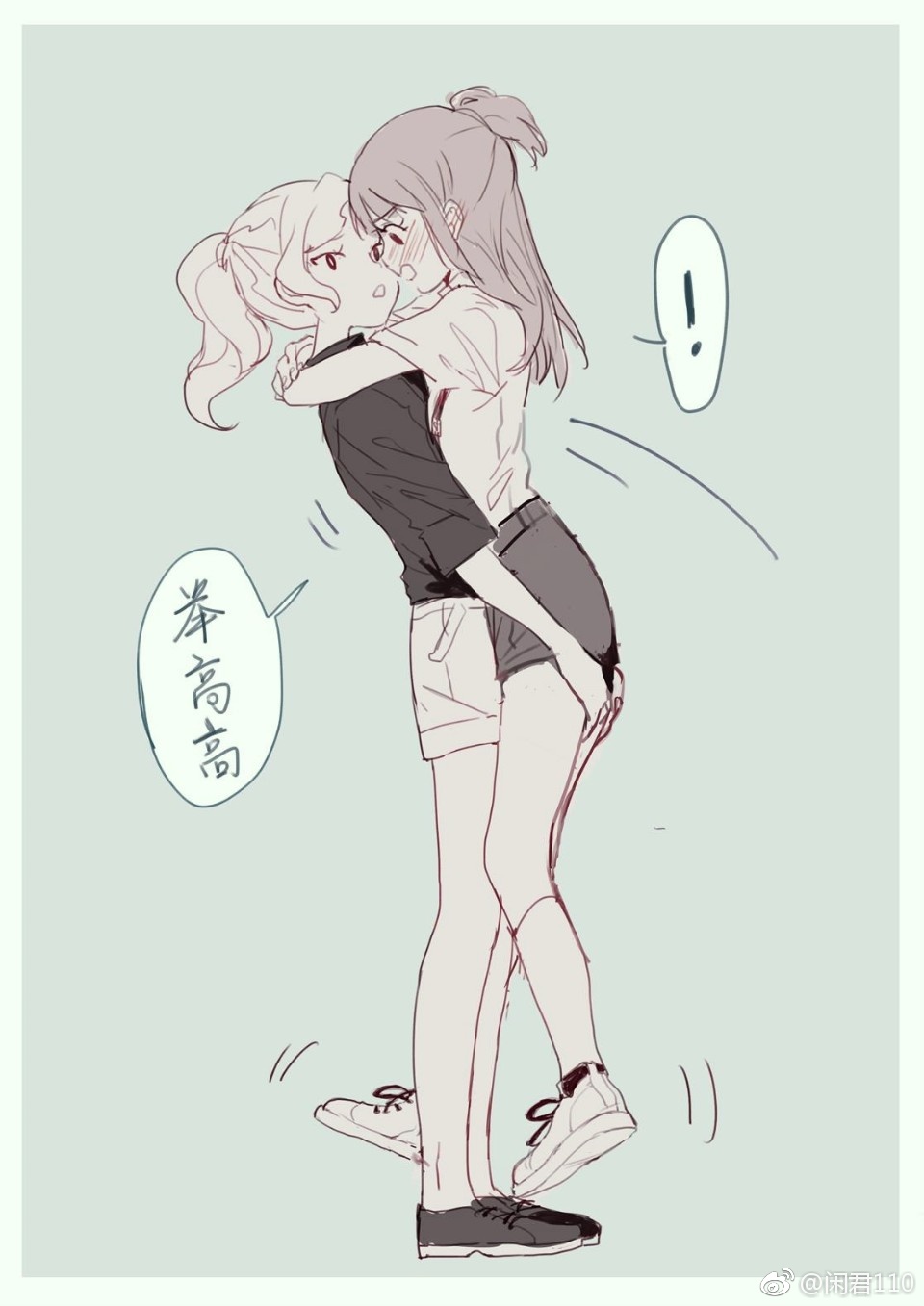 ! 2girls artist_request blush chinese_commentary chinese_text commentary_request diana_cavendish highres kagari_atsuko little_witch_academia long_hair medium_hair multiple_girls parted_lips shoes short_ponytail spoken_exclamation_mark standing translation_request weibo_logo weibo_username yuri