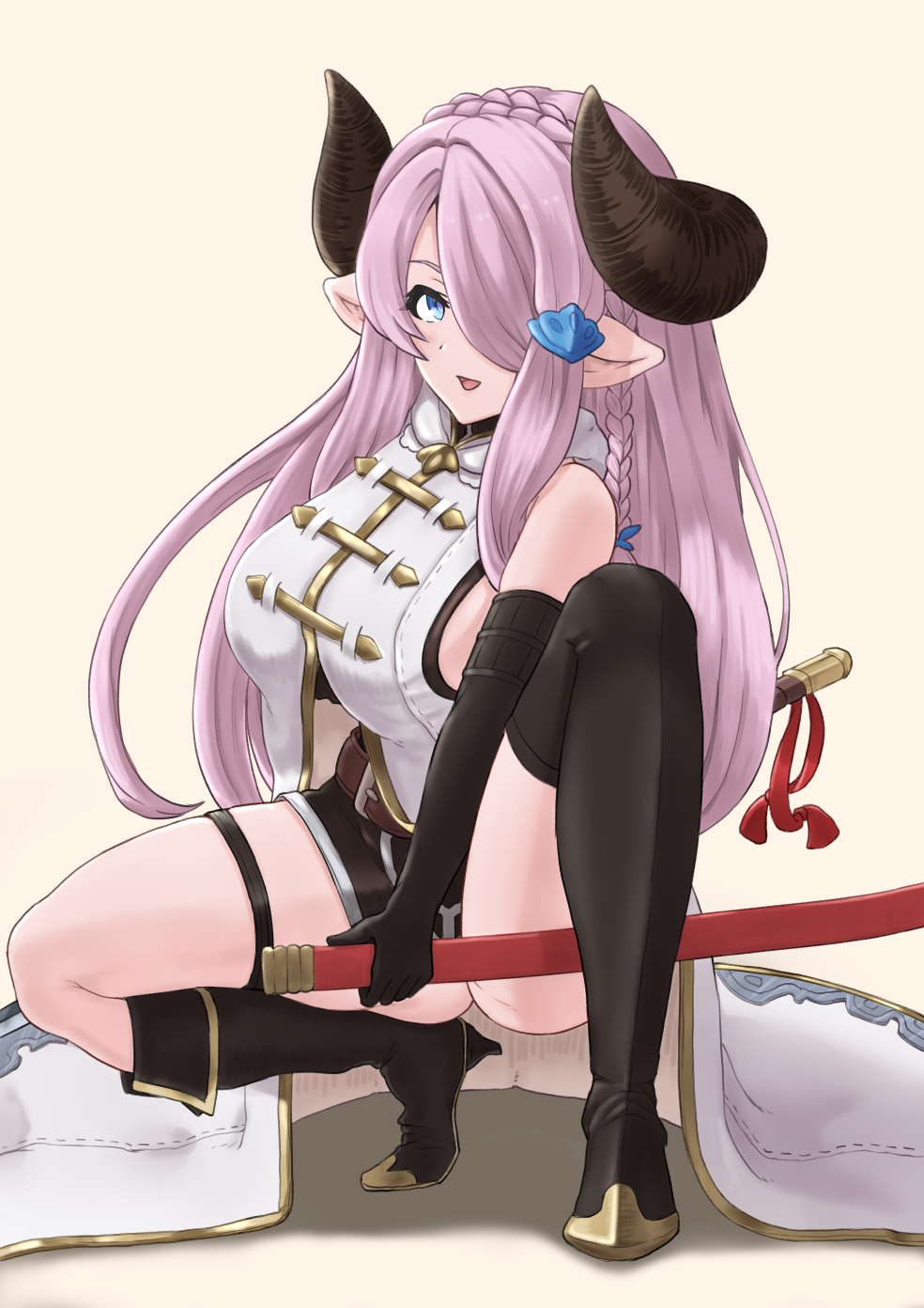 1girl black_gloves blue_eyes breasts draph gloves granblue_fantasy hair_ornament hair_over_one_eye high_heels highres horns katana large_breasts looking_at_viewer narmaya_(granblue_fantasy) pink_hair purple_hair simple_background solo spread_legs squatting sword teriton thighs weapon