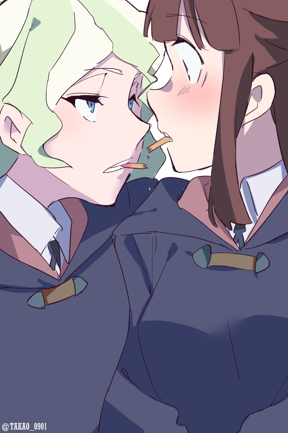 2girls blonde_hair blue_eyes blush brown_hair commentary_request diana_cavendish eye_contact eyebrows_visible_through_hair food highres kagari_atsuko little_witch_academia looking_at_another luna_nova_school_uniform multiple_girls pocky pocky_kiss red_eyes school_uniform takao_(88499191) teeth twitter_username yuri