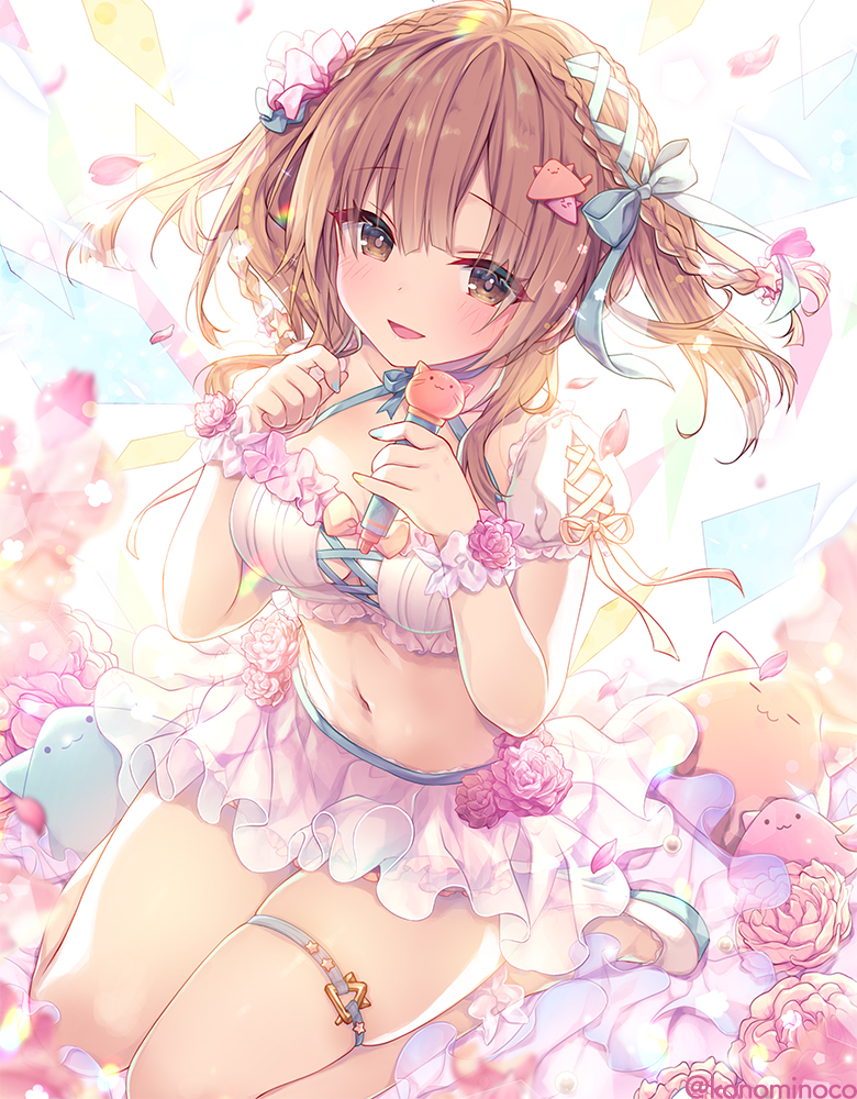 1girl ahoge banned_artist braid breasts brown_eyes brown_hair crop_top flower frilled_shirt frills halter_top halterneck holding konomi_(kino_konomi) long_hair looking_at_viewer medium_breasts microphone midriff miniskirt navel open_mouth original pink_flower pink_shirt pink_skirt rose shirt shoes short_sleeves skindentation skirt smile solo stomach thigh_strap thighs twintails