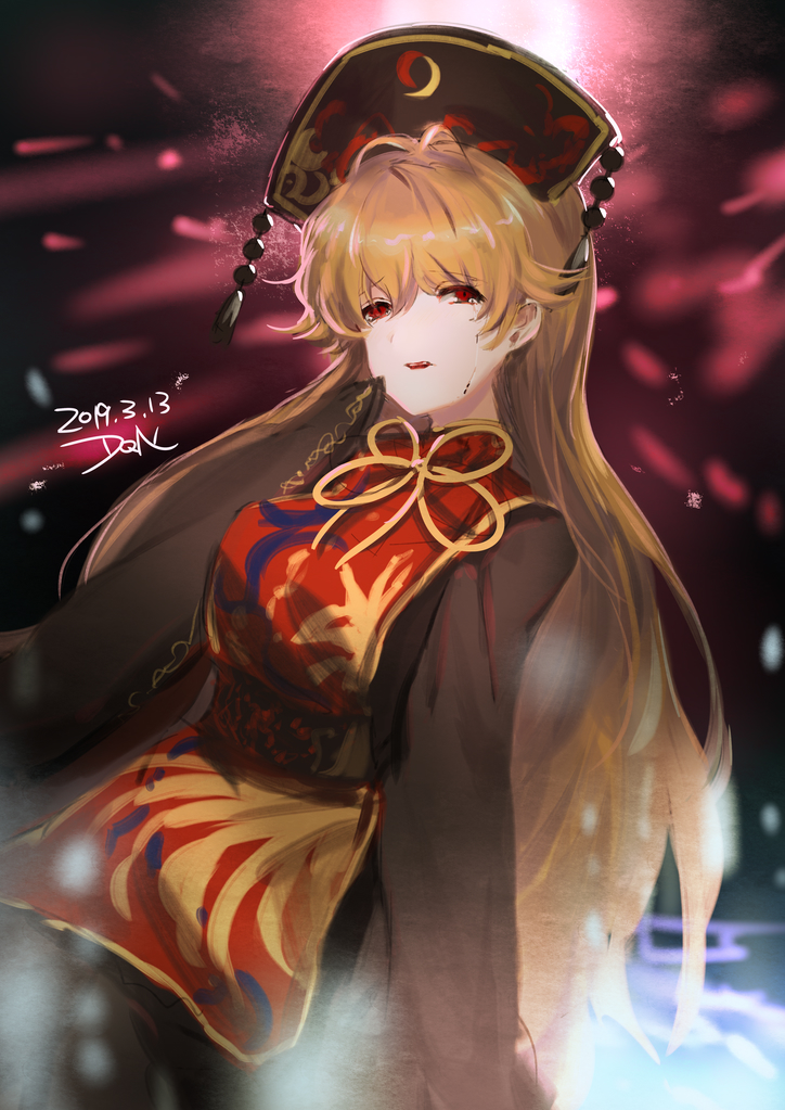 1girl 2019 artist_name bangs belt black_background black_belt black_dress black_headwear blonde_hair blue_background bow bowtie breasts chinese_clothes crescent crying dqn_(dqnww) dress eyebrows_visible_through_hair hair_between_eyes hand_up hat holding junko_(touhou) light long_hair long_sleeves looking_away making-of_available medium_breasts open_mouth phoenix_crown pom_pom_(clothes) red_background red_eyes red_vest shadow solo tears touhou vest yellow_bow yellow_neckwear