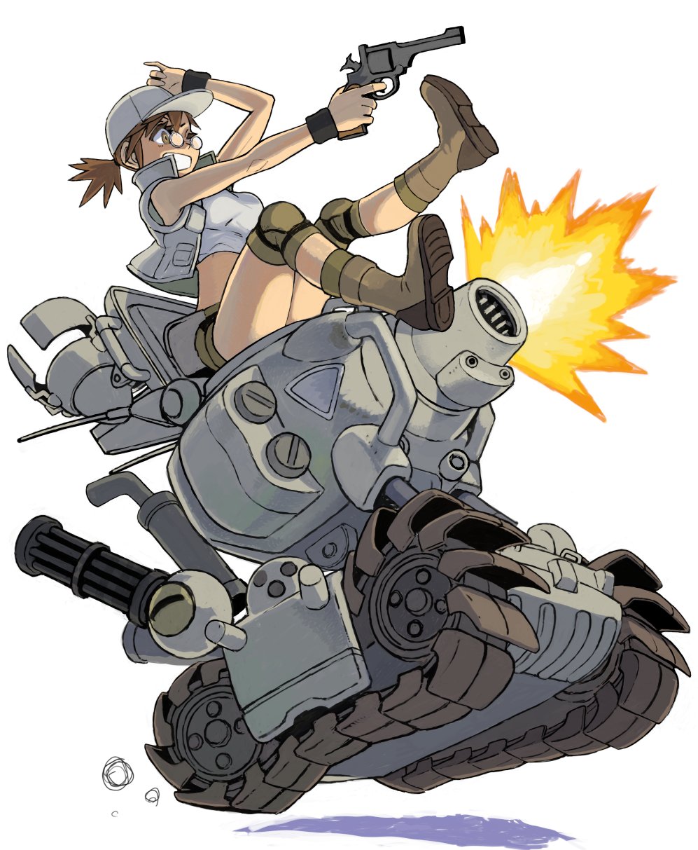 1girl breasts brown_eyes brown_hair caterpillar_tracks commentary fio_germi glasses ground_vehicle gun hat highres holding holding_weapon knee_pads metal_slug military military_uniform military_vehicle motor_vehicle ponytail revolver shirt shoes shorts sv001_(metal_slug) tank uniform urasato weapon