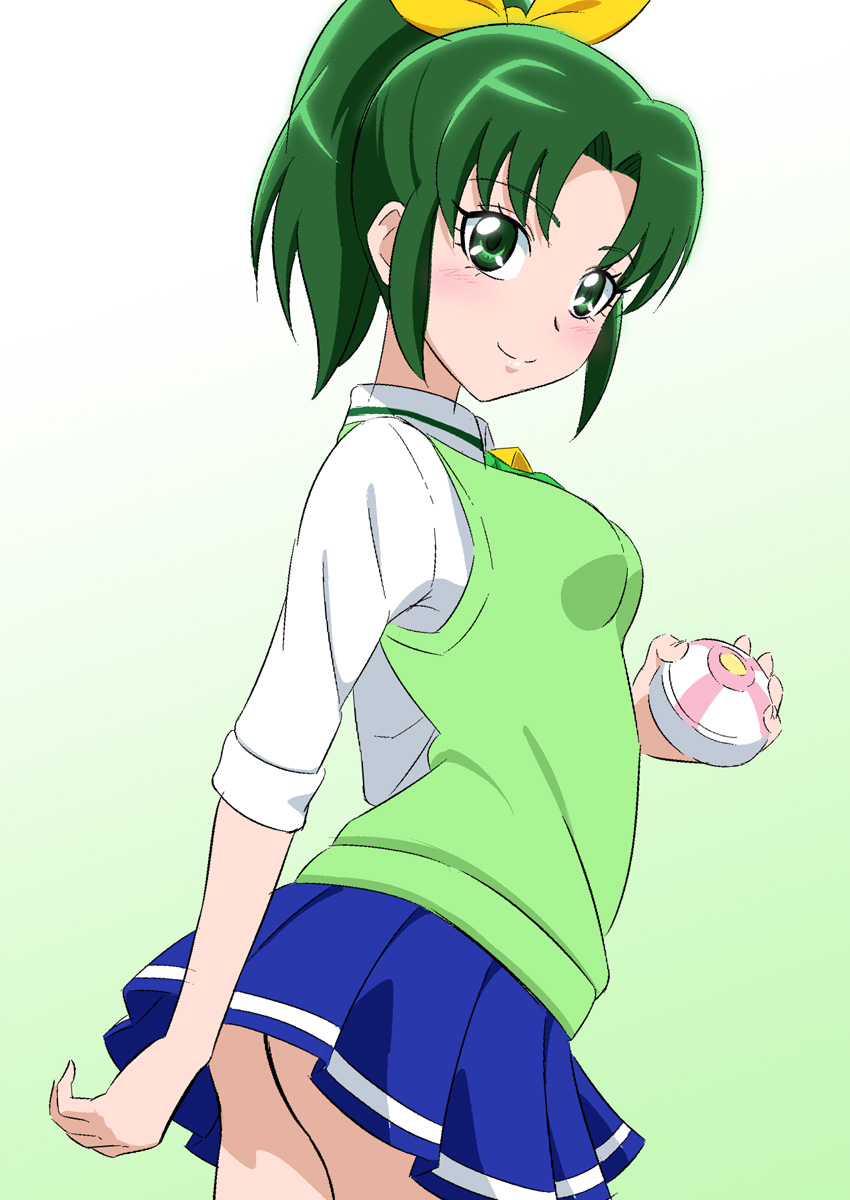 1girl blue_skirt bow closed_mouth cowboy_shot eyelashes from_side fuchi_(nightmare) gradient gradient_background green_background green_eyes green_hair green_sweater hair_bow hair_intakes high_ponytail highres holding long_hair long_sleeves looking_at_viewer midorikawa_nao miniskirt nanairogaoka_middle_school_uniform pleated_skirt precure school_uniform shiny shiny_hair shirt skirt sleeveless sleeveless_sweater smile smile_precure! solo standing sweater white_background white_shirt yellow_bow