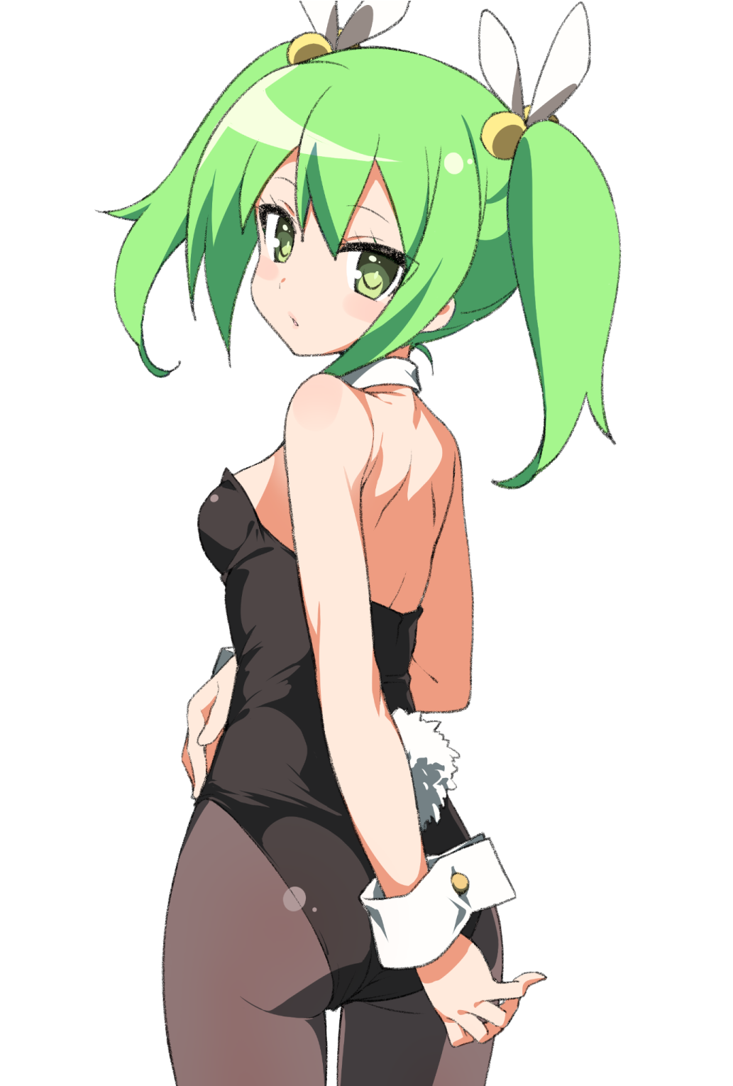 1girl ass back bangs black_legwear black_leotard breasts commentary_request cowboy_shot detached_collar fake_tail from_behind gj-bu green_eyes green_hair hair_bobbles hair_ornament hair_ribbon hatakenaka_(kamagabuchi) highres kannazuki_tamaki leotard looking_at_viewer looking_back medium_hair pantyhose parted_lips playboy_bunny playboy_bunny_leotard rabbit_tail ribbon simple_background small_breasts solo standing strapless strapless_leotard tail white_background white_ribbon wrist_cuffs