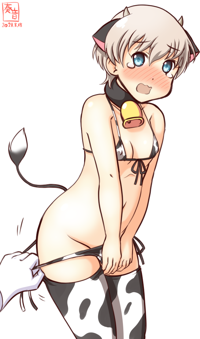 1girl animal_ears animal_print artist_logo assisted_exposure bell bikini blue_eyes breasts commentary_request covered_nipples cow_ears cow_horns cow_print cow_tail cowbell cowboy_shot dated disembodied_limb fake_animal_ears fake_horns hat horns kanon_(kurogane_knights) kantai_collection looking_at_viewer one-hour_drawing_challenge pulling sailor_hat short_hair silver_hair simple_background small_breasts solo swimsuit tail thighhighs white_background white_bikini white_legwear z1_leberecht_maass_(kancolle)
