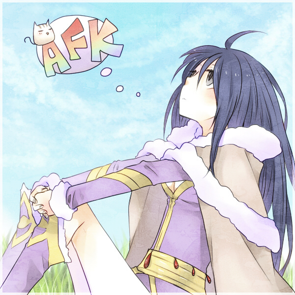 1girl afk ark_kan bangs black_eyes black_hair blush boots breasts brown_cape cape cat cleavage closed_mouth commentary_request dress feet_out_of_frame fur-trimmed_cape fur_trim grass long_hair looking_up medium_breasts purple_dress purple_footwear ragnarok_online sitting solo wizard_(ragnarok_online)