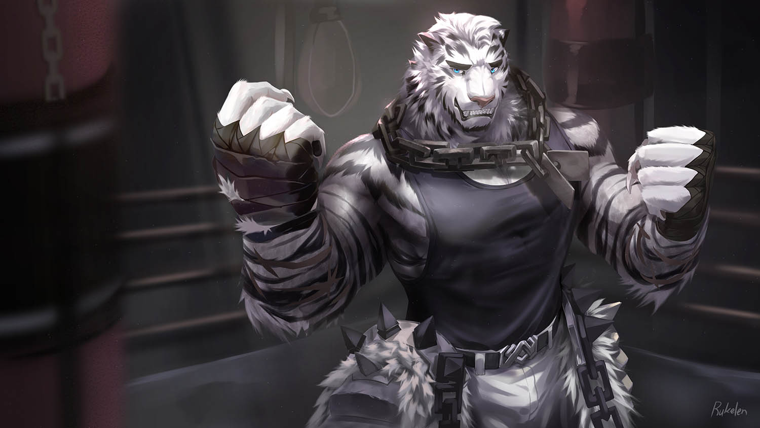 1boy alternate_hairstyle animal_ears arknights bara black_tank_top boxing bulge chain_necklace dog_tags feet_out_of_frame fighting_stance furry furry_male large_pectorals looking_at_viewer male_focus messy_hair mountain_(arknights) muscular muscular_male pants pectorals reward_available rukelen scar scar_across_eye short_hair sidepec solo tank_top tiger_boy tiger_ears white_fur white_hair white_pants