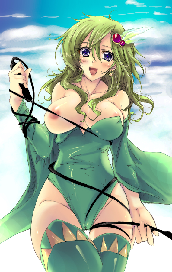 bad_id bad_pixiv_id blush breasts cameltoe detached_sleeves final_fantasy final_fantasy_iv flieger green_hair green_leotard large_breasts leotard long_hair purple_eyes rydia solo thighhighs whip wide_hips