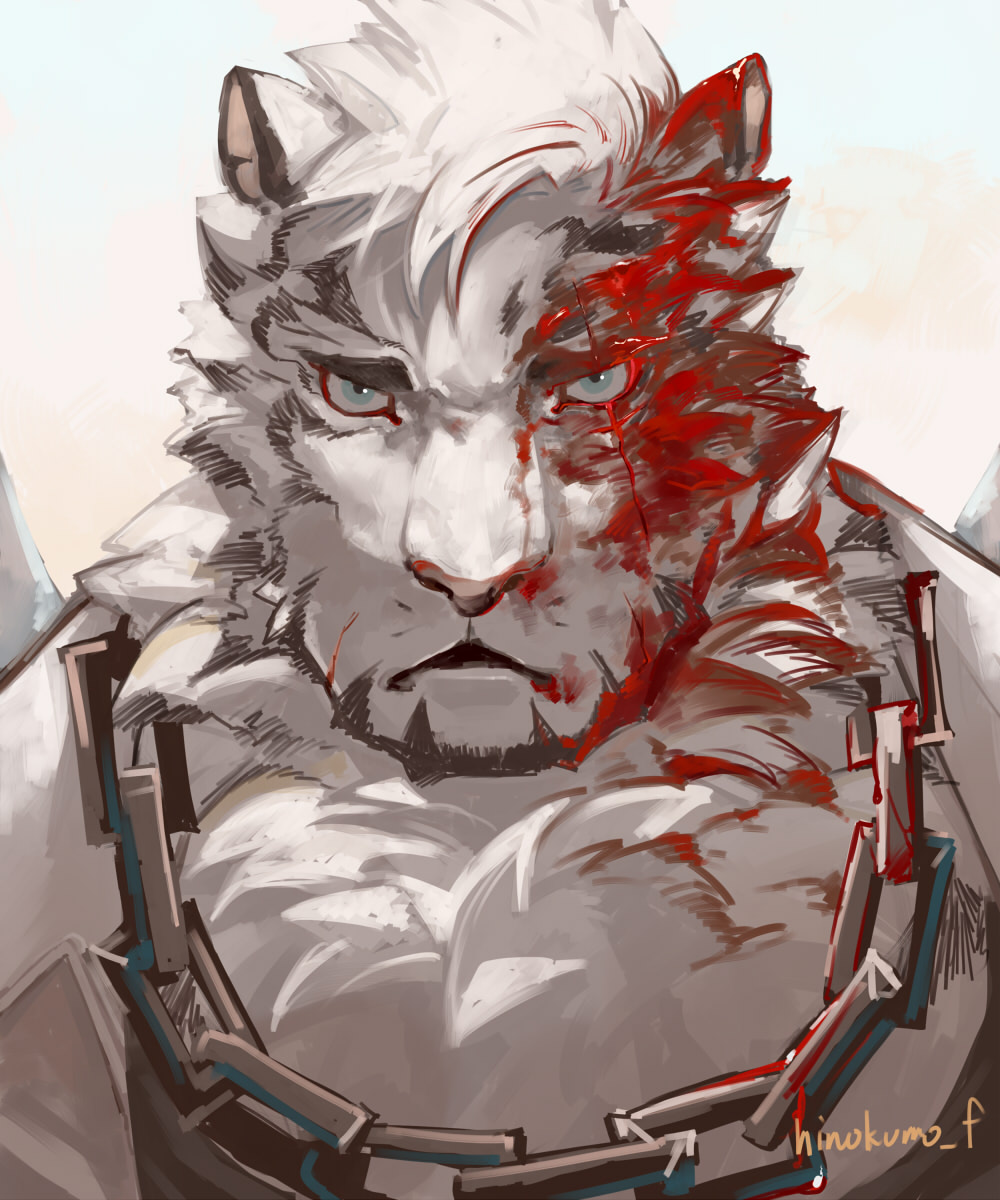 1boy animal_ears arknights black_tank_top blood blood_on_face chain_necklace face frown furry furry_male highres hinokumo_f looking_at_viewer male_focus mountain_(arknights) portrait scar scar_across_eye short_hair solo tank_top tiger_boy tiger_ears white_fur white_hair