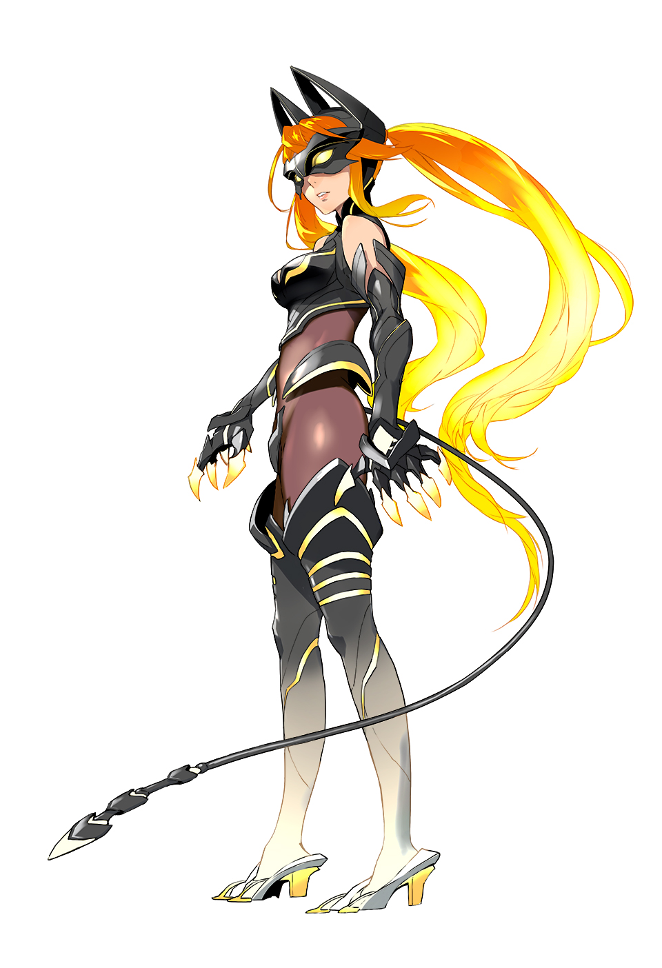 1girl animal_ears armor armored_bodysuit armored_boots black_gloves black_legwear blonde_hair bodystocking boots breastplate brown_bodysuit claw_(weapon) clawed_gauntlets claws codpiece eiyuu_densetsu elbow_gloves enami_katsumi eye_mask facing_viewer fake_animal_ears floating_hair full_body gloves gradient gradient_hair gradient_legwear grimcats_(eiyuu_densetsu) headgear high_heels highres kuro_no_kiseki lips long_hair mask multicolored_hair official_art orange_hair parted_lips sidelocks simple_background skin_tight solo standing tail thigh_boots thighhighs third-party_source toned twintails two-tone_hair weapon white_background white_footwear