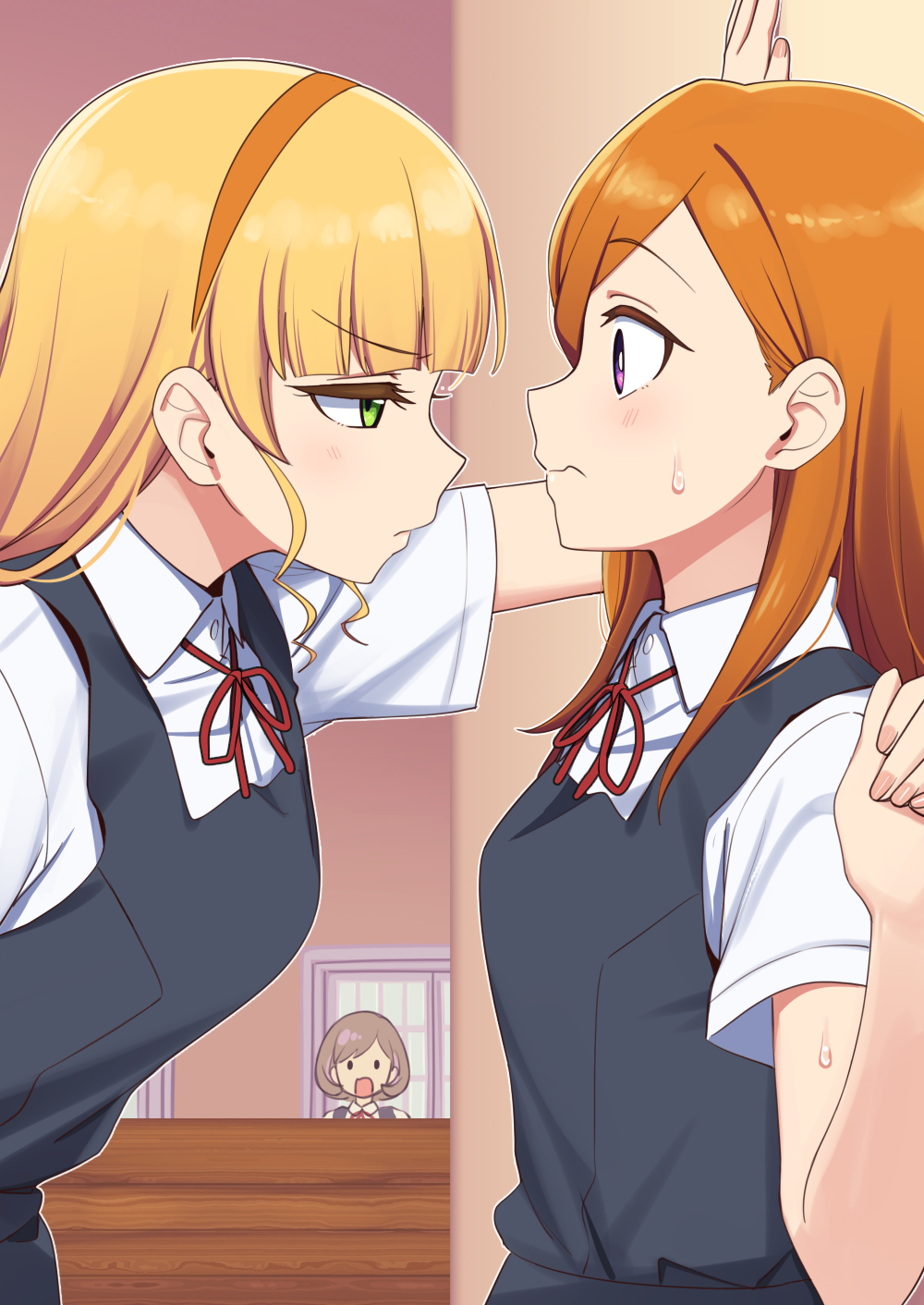 3girls bangs blonde_hair blunt_bangs blush closed_mouth collared_shirt commentary_request deadnooodles dress eye_contact eyebrows_visible_through_hair face-to-face from_side green_eyes hairband heanna_sumire highres long_hair looking_at_another love_live! love_live!_superstar!! multiple_girls neck_ribbon o_o orange_hair pinafore_dress profile purple_eyes red_ribbon ribbon school_uniform shibuya_kanon shirt short_sleeves solid_circle_eyes straight_hair sweat tang_keke upper_body v-shaped_eyebrows wall_slam wavy_mouth yuigaoka_school_uniform