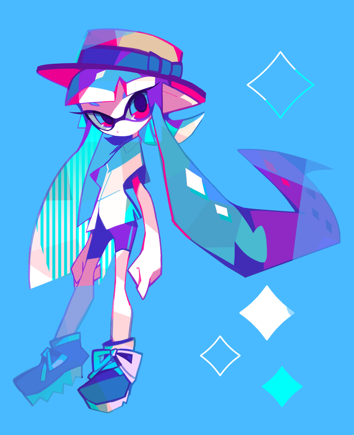1girl amakusa_(hidorozoa) arms_at_sides bad_id bad_source black_shorts blue_background blue_bow blue_eyes blue_footwear blue_hair blue_ribbon blue_theme boater_hat bow diamond_(shape) dot_mouth full_body hat hat_bow hat_ribbon inkling long_hair looking_at_viewer ribbon shirt shorts solo splatoon_(series) splatoon_1 splatoon_2 splattershot_(splatoon) standing striped vertical_stripes white_shirt