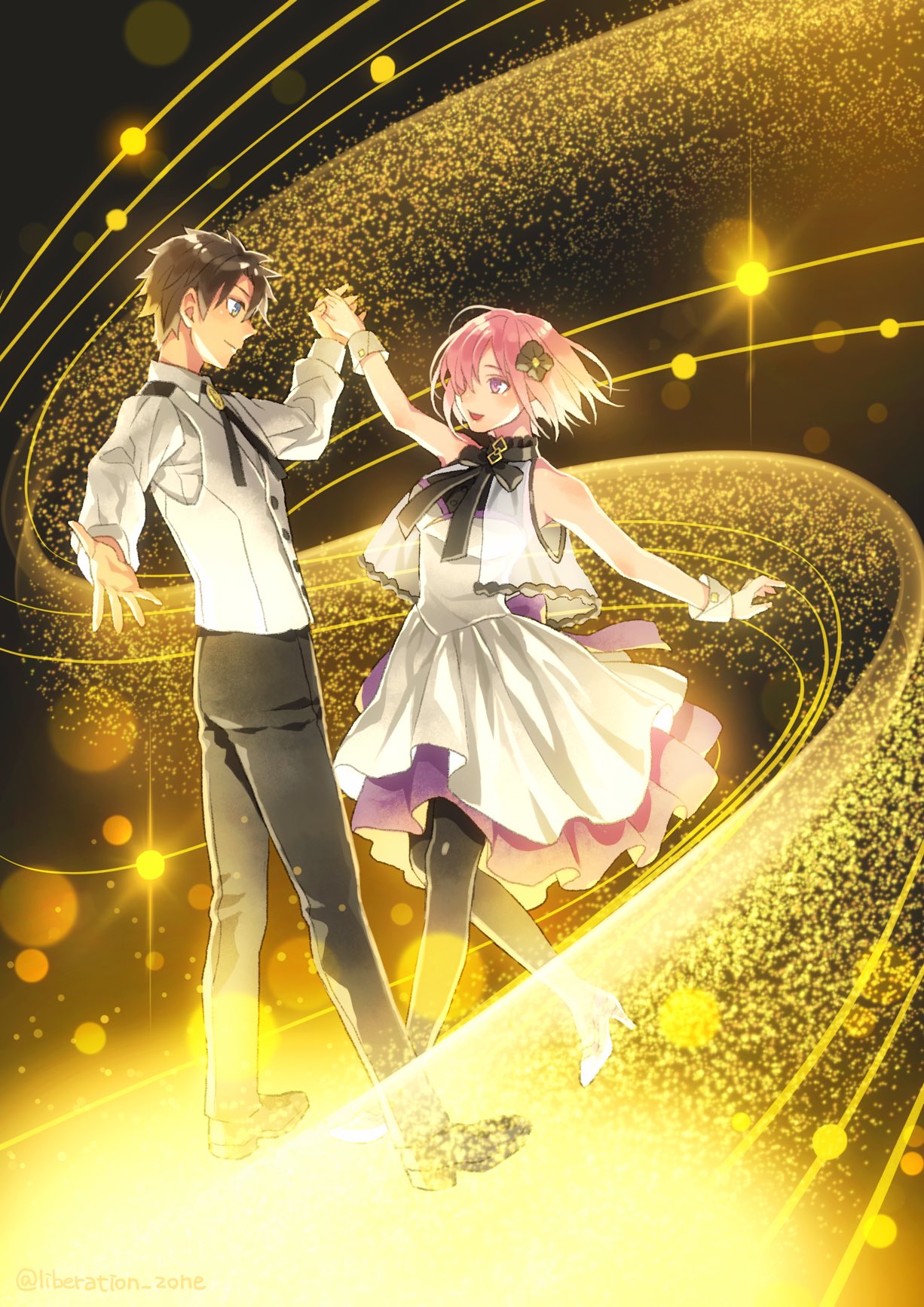 1boy 1girl alternate_costume bangs bare_shoulders black_background black_flower black_hair black_legwear black_neckwear black_pants blue_eyes buttons chaldea_logo closed_mouth commentary_request dancing dress fate/grand_order fate_(series) flower formal from_side fujimaru_ritsuka_(male) full_body hair_flower hair_ornament hair_over_one_eye highres holding_hands light_particles long_sleeves looking_at_another mash_kyrielight minami_seira official_alternate_costume one_eye_covered open_mouth pants pantyhose pink_hair purple_eyes short_hair sleeveless sleeveless_dress smile suit twitter_username under_the_same_sky vest waltz_(dance) white_dress white_vest wrist_cuffs
