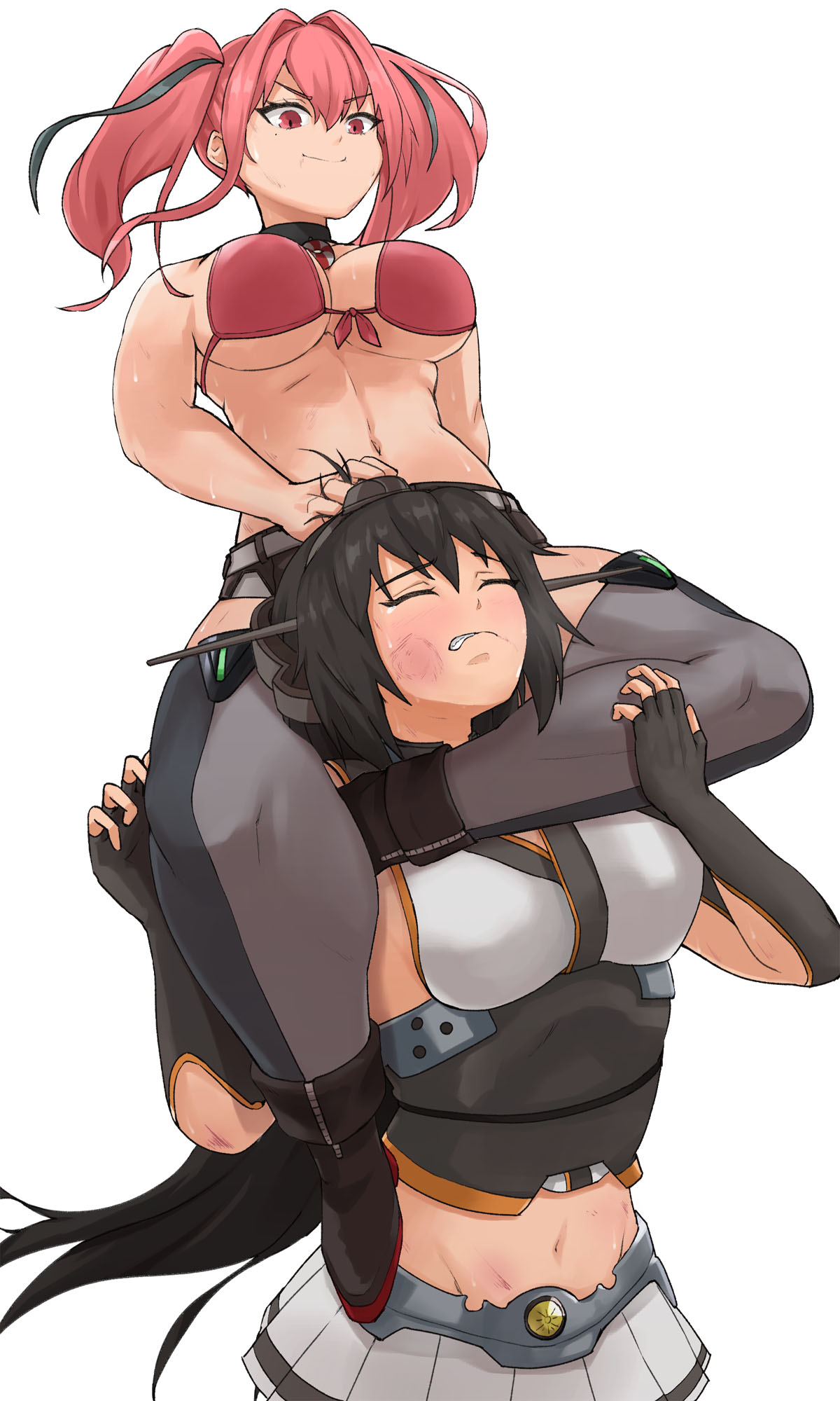 2girls ankle_boots azur_lane bangs bare_shoulders belt bikini black_choker black_footwear black_gloves black_hair black_shorts blue_legwear boots breasts bremerton_(azur_lane) bruise bruise_on_face choker cleavage clenched_teeth commentary_request commission cowboy_shot crossover elbow_gloves eyebrows_visible_through_hair fingerless_gloves floating_hair front-tie_bikini front-tie_top full_body gloves grey_belt grey_hair grey_legwear groin hair_between_eyes hair_intakes hand_on_another's_head headgear highres injury kantai_collection large_breasts lifebuoy_ornament long_hair looking_at_another medium_breasts midriff miniskirt mole mole_under_eye multicolored_hair multiple_girls nagato_(kancolle) navel pink_bikini pink_eyes pink_hair pleated_skirt ryona short_shorts shorts sidelocks simple_background skeb_commission skirt smile standing stomach streaked_hair submission_hold sweat swimsuit tears teeth thighhighs tuzi717 twintails two-tone_hair two-tone_legwear underboob white_background wrestling