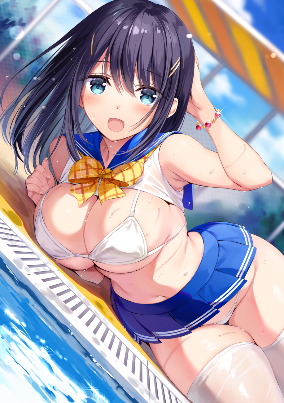 1girl :o arm_up armpits bare_arms bare_shoulders bikini black_hair blue_eyes blue_skirt blurry bow bowtie bracelet breasts cleavage commentary crop_top day depth_of_field dutch_angle groin highres jewelry large_breasts long_hair looking_at_viewer lying microskirt navel on_side open_mouth original oryou outdoors pleated_skirt poolside revealing_clothes sailor_collar school_uniform serafuku shirt skirt sleeveless sleeveless_shirt solo stomach string_bikini swimsuit thigh_gap thighhighs water wet white_bikini white_legwear white_shirt