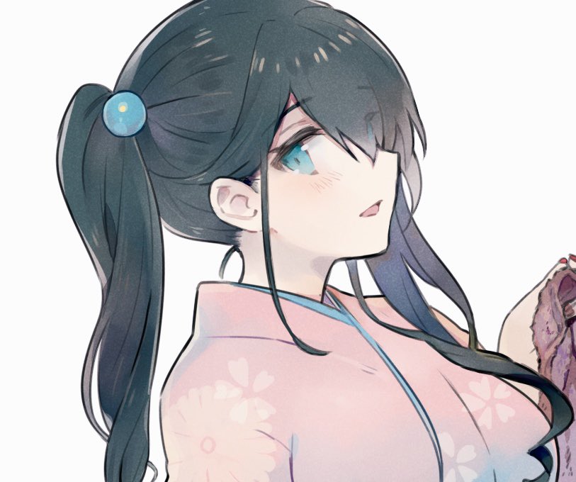 1girl bangs black_hair blue_eyes eyebrows_visible_through_hair from_side hair_behind_ear japanese_clothes kimono long_hair looking_back nijisanji onomachi_haruka open_mouth pink_kimono portrait side_ponytail smile solo virtual_youtuber white_background zetaro