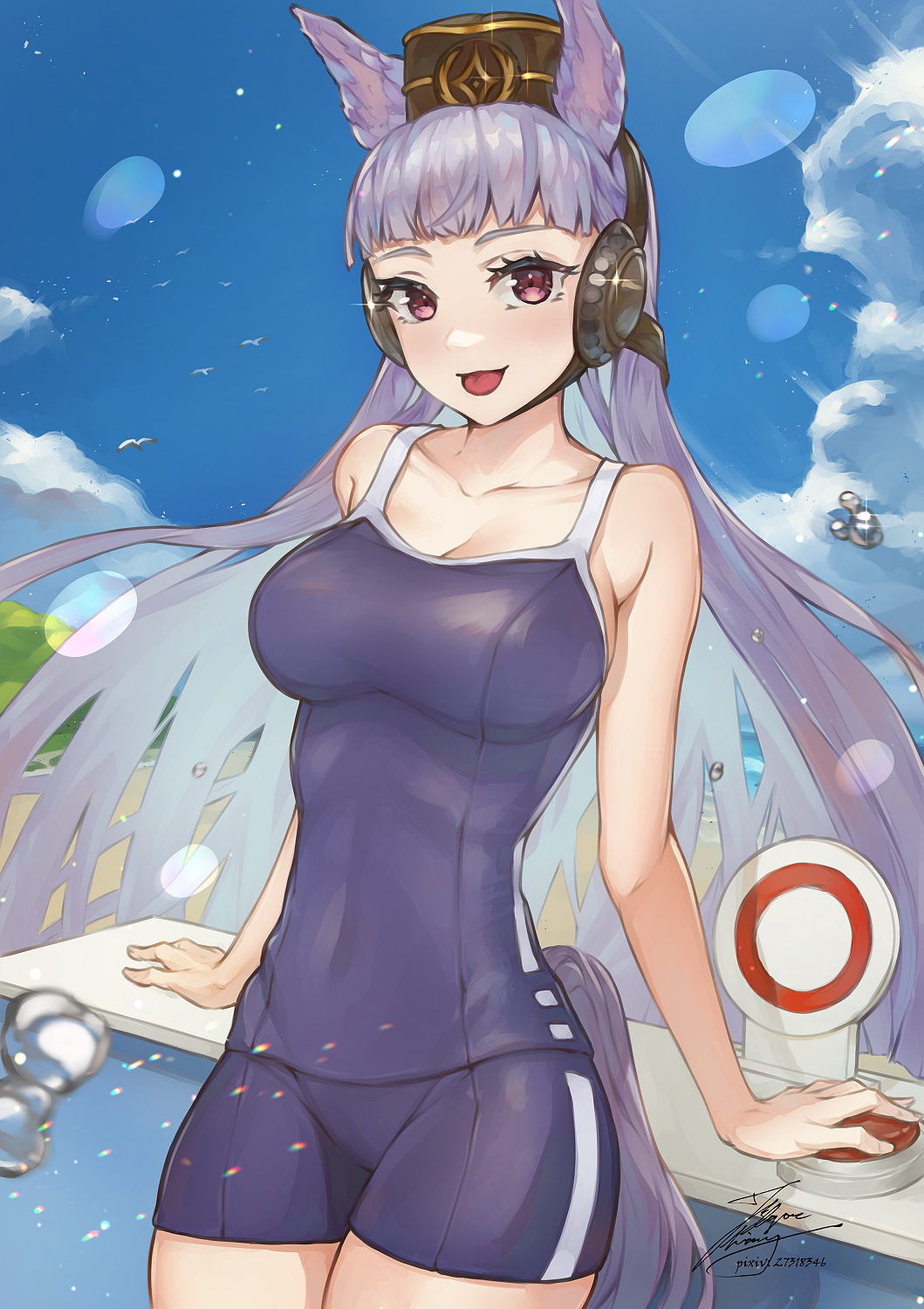 1girl :p arm_support blue_sky blurry blush bokeh breasts cleavage cloud competition_school_swimsuit depth_of_field dunk_tank fadingz gold_ship_(umamusume) grey_hair highres long_hair looking_at_viewer medium_breasts pixiv_id red_eyes signature sky solo swimsuit tongue tongue_out umamusume very_long_hair