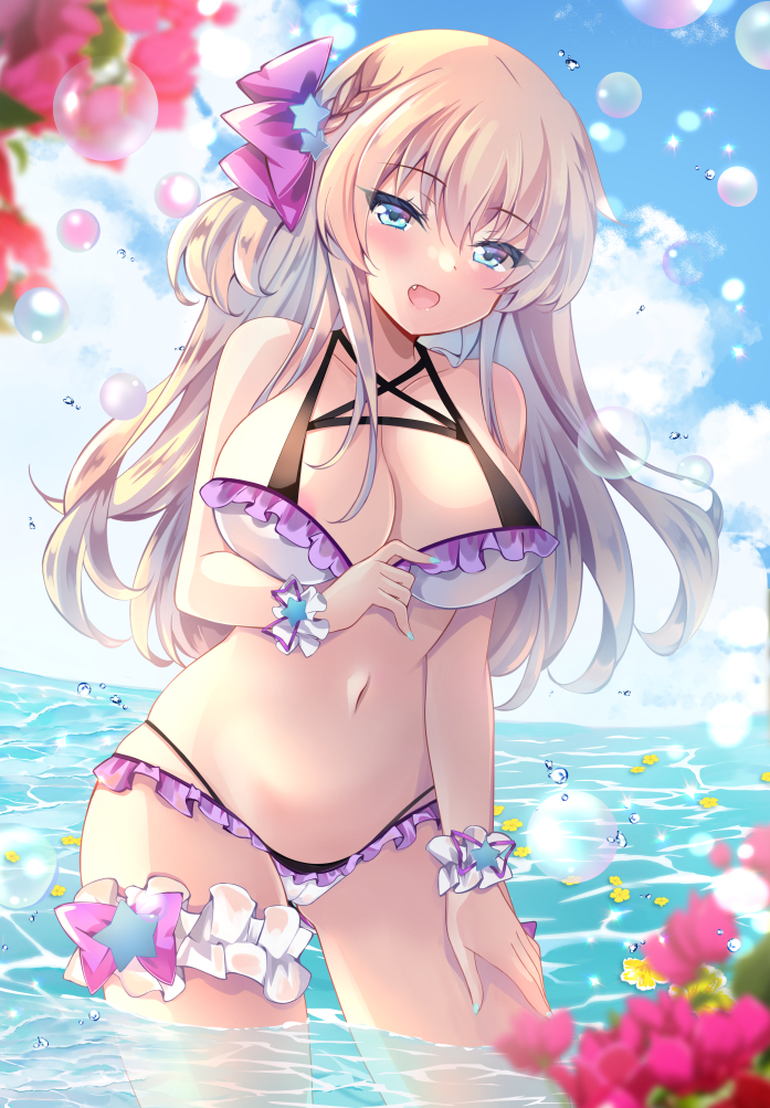 1girl areolae bikini blonde_hair blue_eyes braid breasts cameltoe ichiyou_moka large_breasts leg_garter long_hair navel original outdoors purple_bikini side_braid single_braid solo standing swimsuit wading