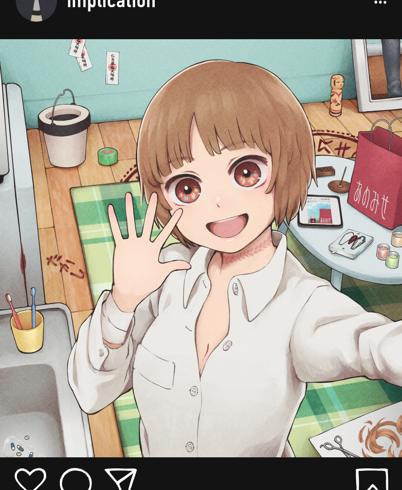 1girl bandaged_arm bandages bangs blunt_bangs breasts brown_eyes brown_hair cleavage collared_shirt commentary_request cup grill hand_up indoors instagram kokeshi looking_at_viewer medicine open_mouth original rug scissors selfie severed_hair shichirin shirt short_hair sink smile solo table toothbrush upper_body white_shirt yajirushi_(chanoma)