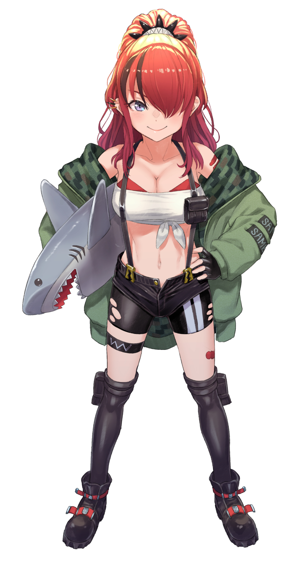 1girl bandaid bandaid_on_arm bandaid_on_leg bare_shoulders bike_shorts bike_shorts_under_shorts black_hair boots breasts camouflage camouflage_jacket cleavage collarbone ear_piercing fingerless_gloves full_body garter_straps gloves green_jacket grey_eyes hair_behind_ear hair_over_one_eye high_ponytail highres holding holding_stuffed_toy jacket kneehighs lain_paterson long_hair looking_at_viewer medium_breasts multicolored_hair navel nijisanji off_shoulder open_clothes open_jacket piercing ponytail red_hair sabamen shorts sidelocks simple_background smile solo strapless stuffed_animal stuffed_shark stuffed_toy thigh_strap tubetop two-tone_hair unbuttoned virtual_youtuber white_tubetop