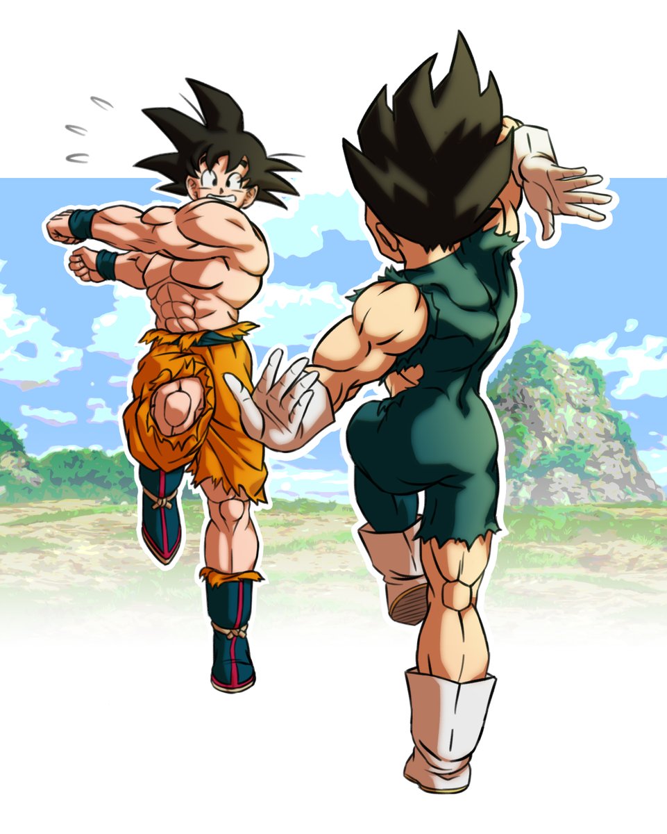 2boys abs ankle_boots arm_at_side arm_behind_head arm_up ass black_bodysuit black_eyes black_hair blue_footwear blue_sky blue_wristband bodysuit boots border clenched_hands clenched_teeth cloud cloudy_sky commentary dancing day dragon_ball dragon_ball_super dragon_ball_super_broly dragon_ball_z facing_away flying_sweatdrops from_behind fusion_dance gloves grass ground highres leg_up male_focus mountain multiple_boys muscular muscular_male narrow_waist nervous orange_pants outdoors outline outstretched_arms pants pea-bean pectorals rock rope sidelighting sky smile son_goku spiked_hair standing standing_on_one_leg teeth torn_bodysuit torn_clothes torn_pants vegeta vignetting white_border white_footwear white_gloves white_outline wristband