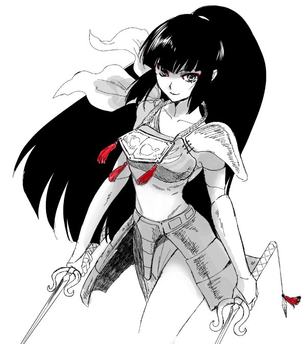 1girl armor collarbone cowboy_shot dual_wielding greyscale hatching_(texture) holding holding_sword holding_weapon kayura kitou_en long_hair looking_at_viewer monochrome pauldrons ponytail shoulder_armor sidelocks smile solo spot_color sword tassel weapon white_background yoroiden_samurai_troopers
