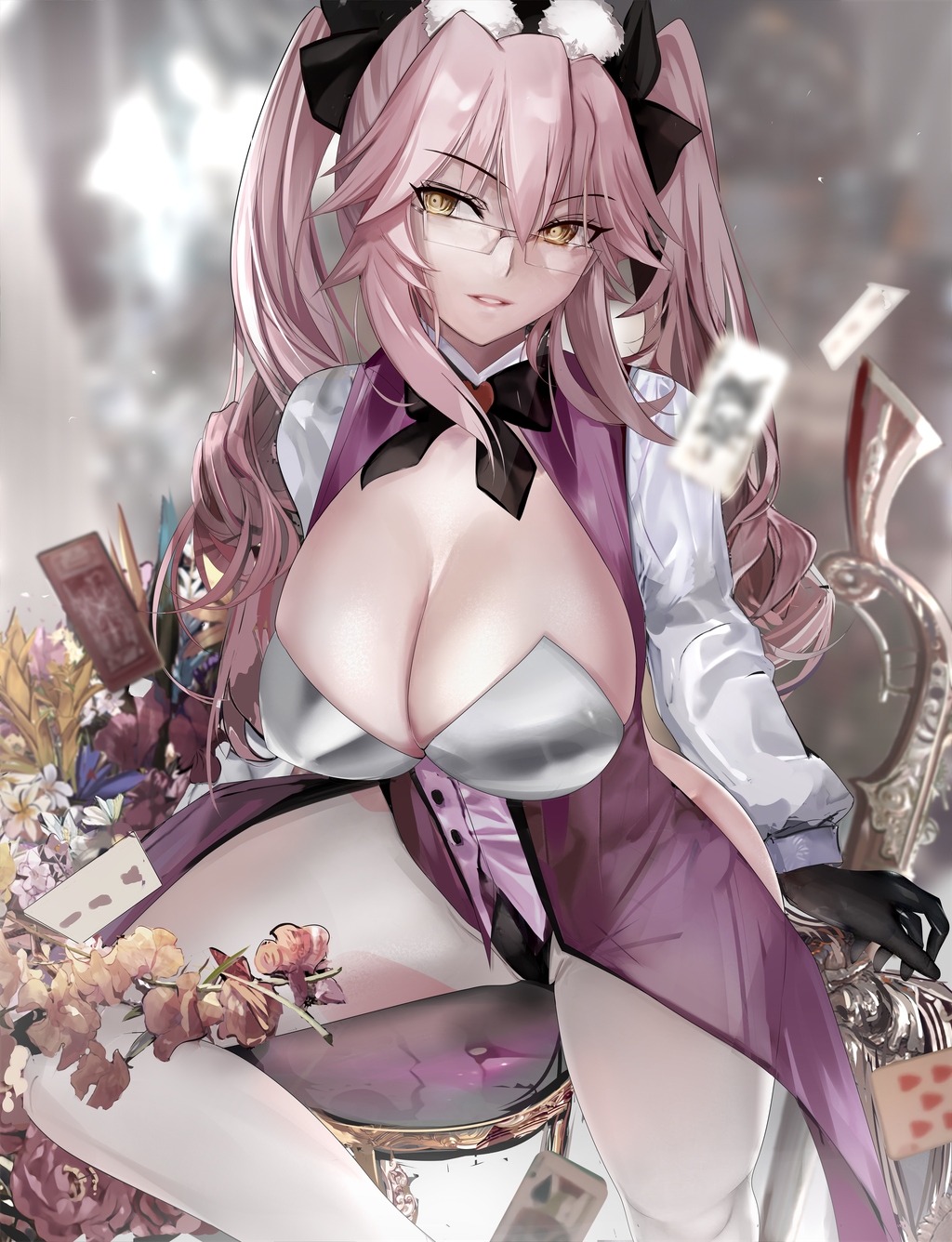 1girl bangs black_gloves black_neckwear bow bowtie breasts card chair cleavage eyebrows_visible_through_hair fate/grand_order fate_(series) flower glasses gloves highres koyanskaya_(fate) large_breasts leotard long_hair long_sleeves misako12003 pantyhose parted_lips pink_hair playing_card sitting smile solo tamamo_(fate) twintails white_legwear yellow_eyes
