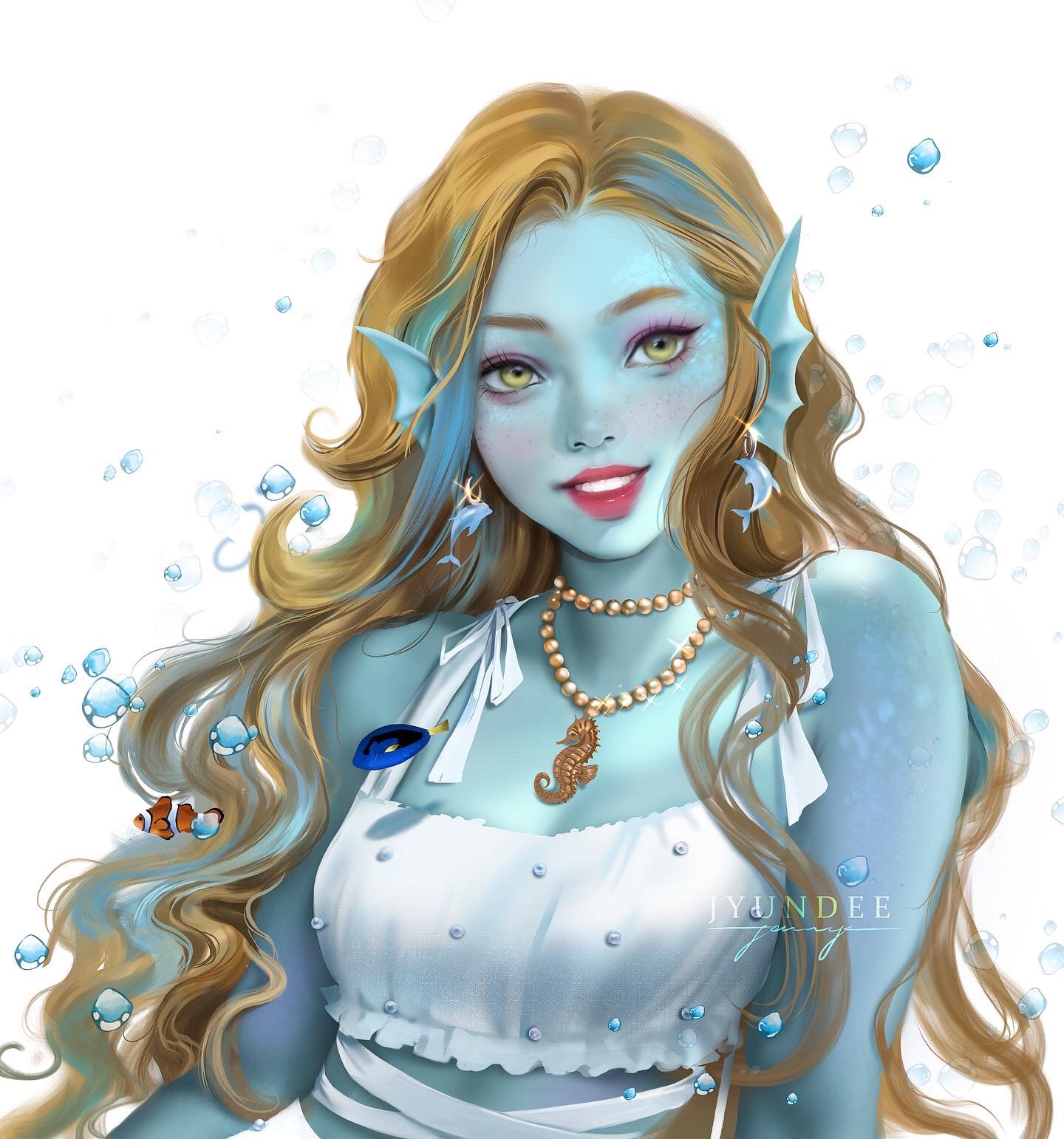1girl aqua_hair artist_name blonde_hair blue_hair blue_skin blue_tang_fish blush bow breasts brown_hair bubble cleavage clownfish colored_skin crop_top curly_hair dolphin_earrings earrings eyeshadow fins fish gold_necklace head_fins highres jewelry jyundee lagoona_blue long_hair looking_at_viewer makeup monster_girl monster_high multicolored_hair necklace parted_lips pearl_(gemstone) seahorse shirt sleeveless sleeveless_shirt smile solo two-tone_hair upper_body white_background white_bow white_shirt yellow_eyes