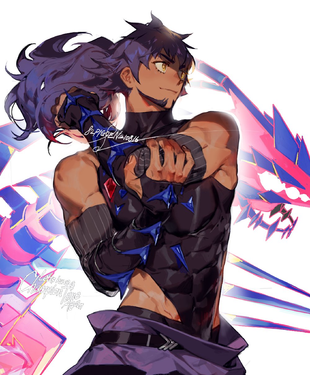 1boy bangs bare_shoulders belt black_belt bodysuit bright_pupils closed_mouth commentary_request covered_abs dark-skinned_male dark_skin detached_sleeves eternatus facial_hair fingerless_gloves floating_hair gen_8_pokemon gloves highres legendary_pokemon leon_(pokemon) long_hair looking_to_the_side male_focus muscular muscular_male official_alternate_costume pigeon666 pokemon pokemon_(creature) pokemon_(game) pokemon_masters_ex ponytail purple_hair signature smile stretch white_pupils yellow_eyes
